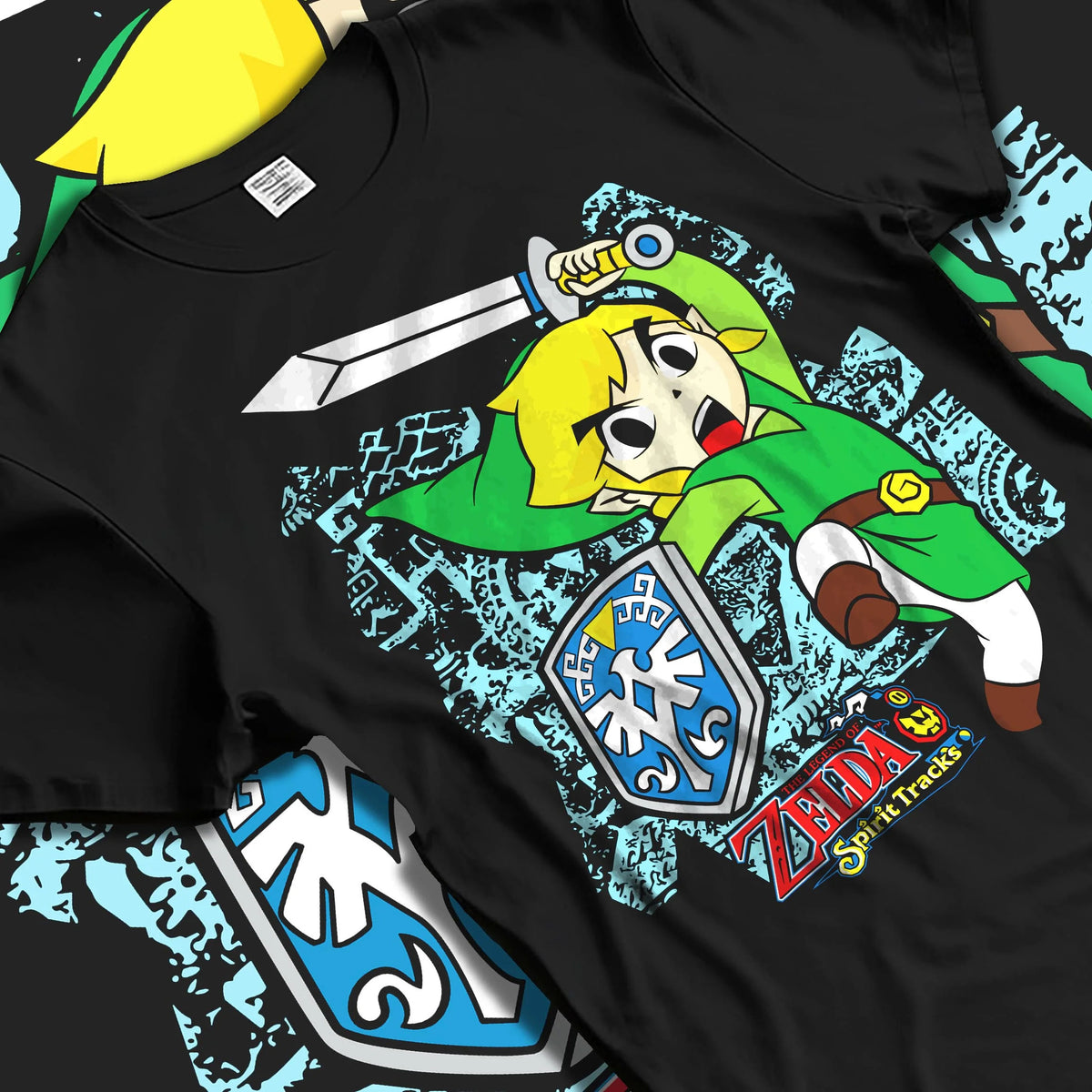 Black T-shirt laid flat with natural folds featuring Link Breath of the Wild blue tunic artwork.