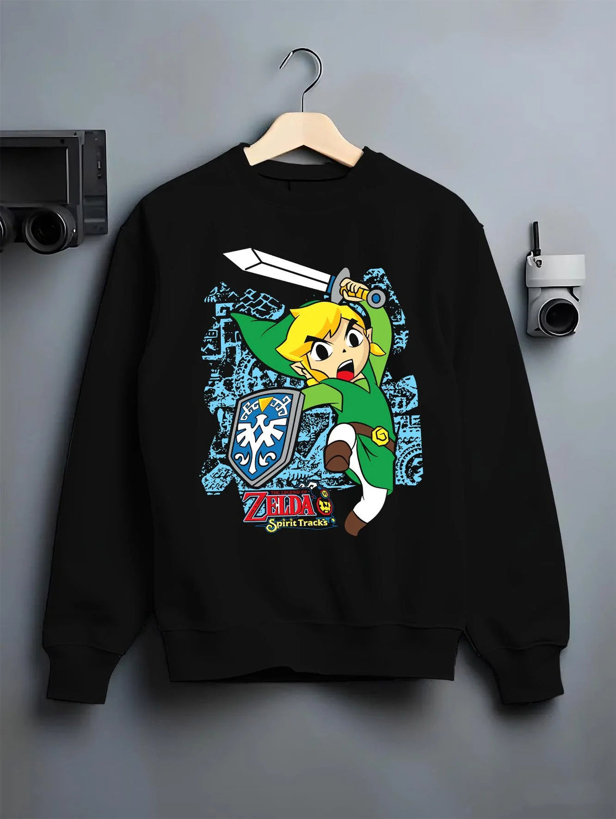 Black crewneck sweatshirt on hanger featuring Link Breath of the Wild blue tunic artwork.