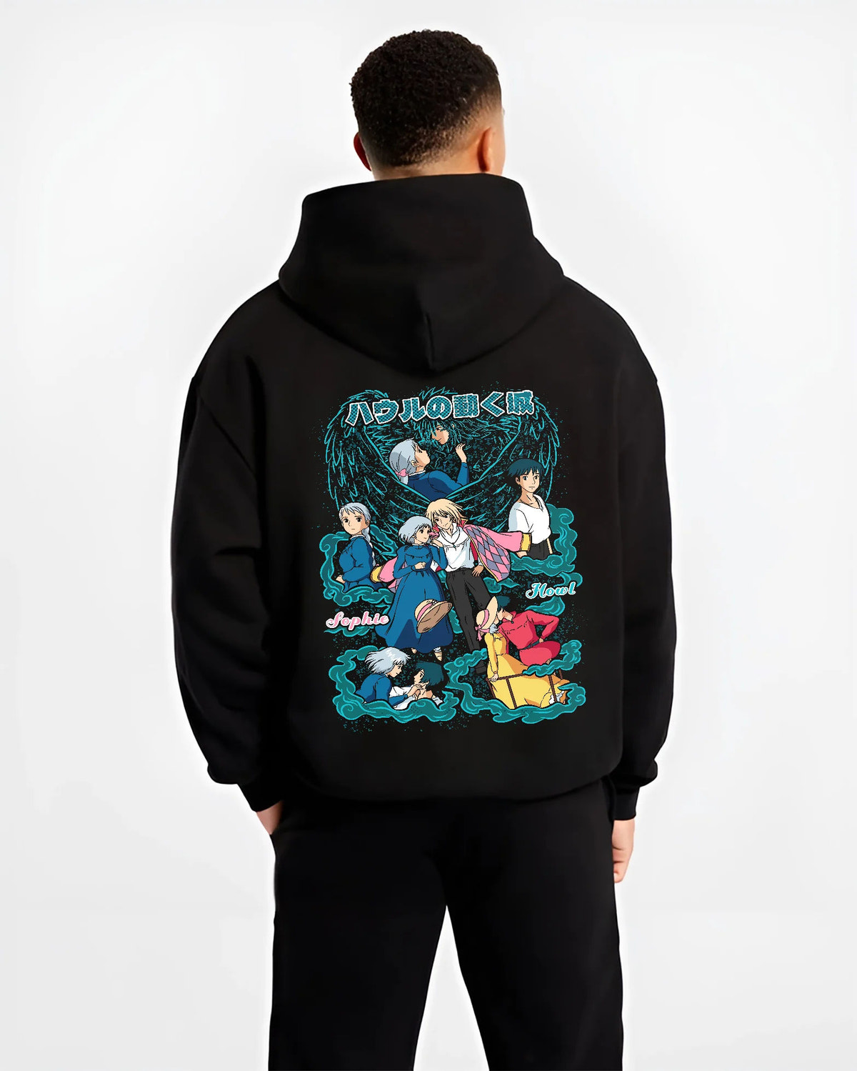 Black hoodie model back view showing The Boy and the Heron: Mahito with cast