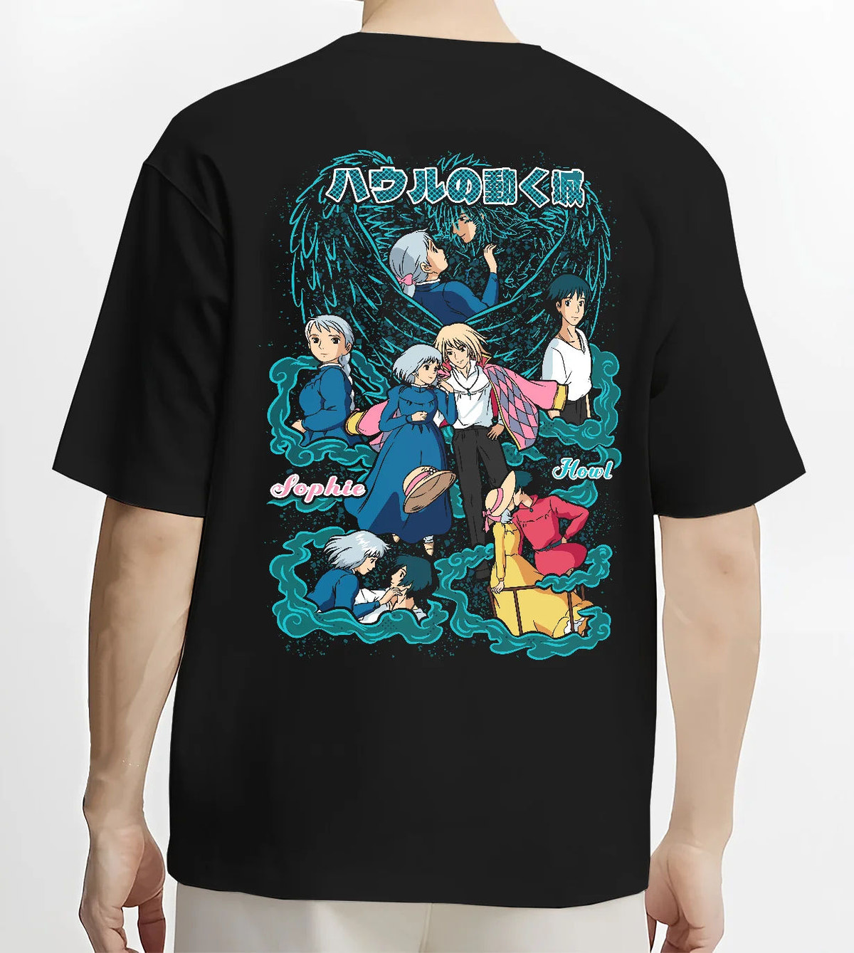 Black T-shirt model back view showing The Boy and the Heron: Mahito with cast