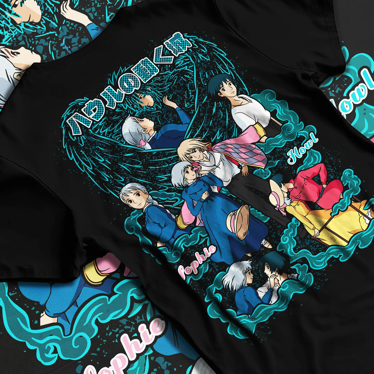 Black T-shirt flat back view showing The Boy and the Heron: Mahito with cast