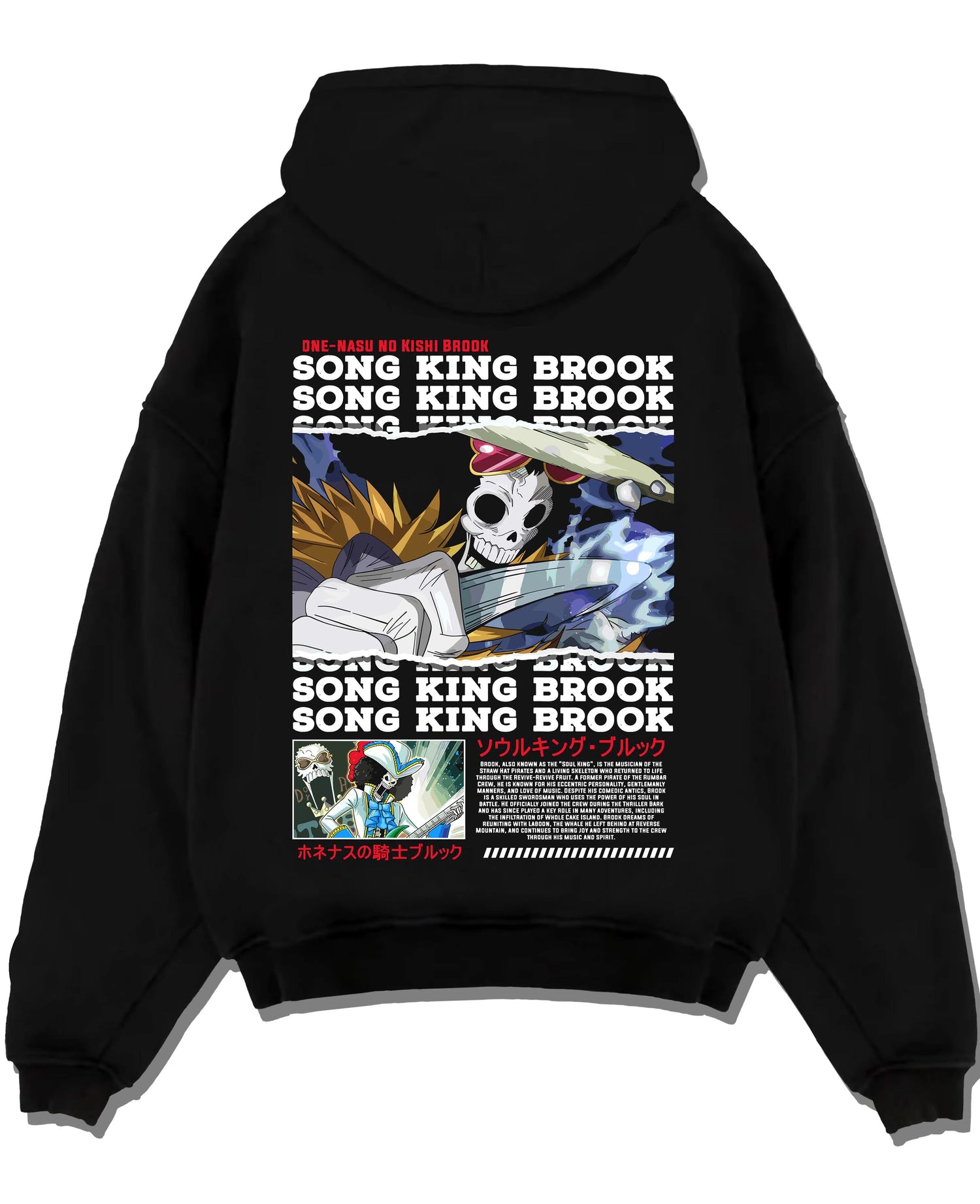 Black pullover hoodie laid flat with Brook Hoodie One Piece Soul King Retro Music Poster graphic Brook anime design.