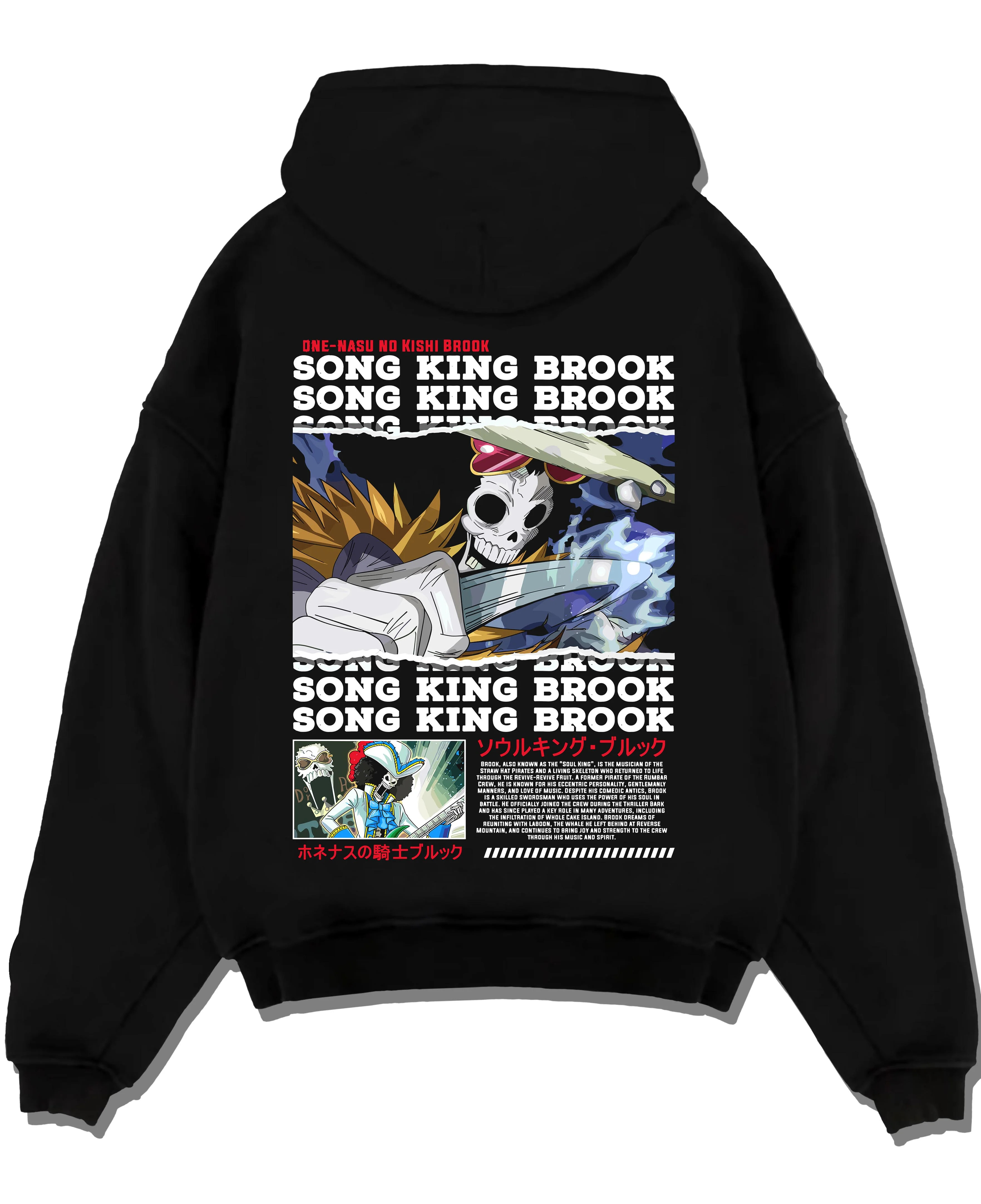 Black pullover hoodie laid flat with Brook Hoodie One Piece Soul King Retro Music Poster graphic Brook anime design.