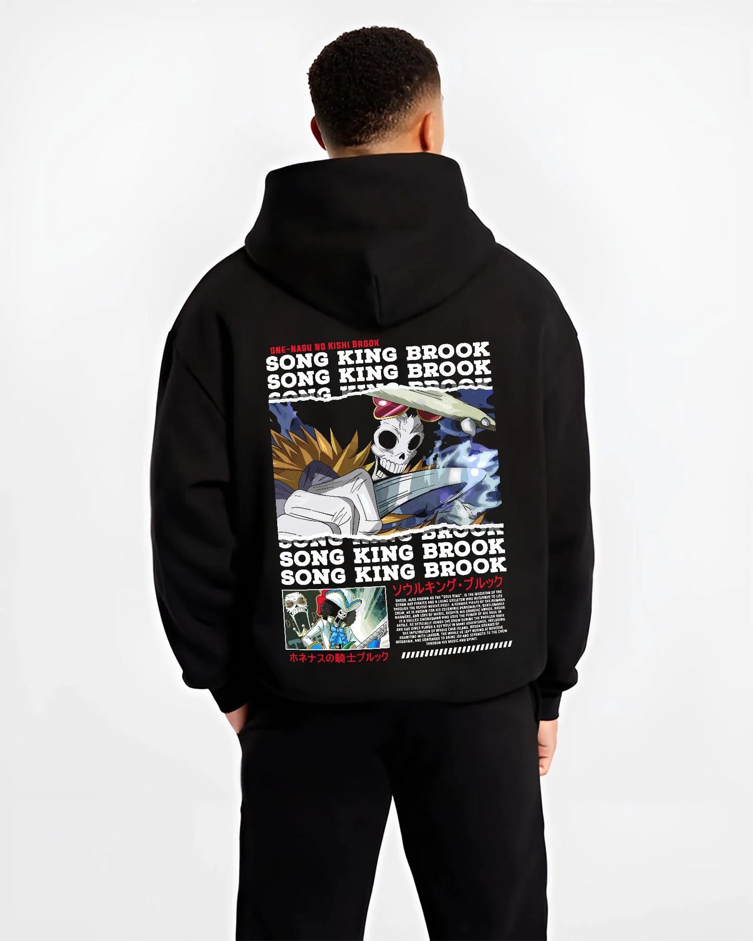 Black hoodie worn by male model, back view with Brook Hoodie One Piece Soul King Retro Music Poster graphic premium wear.