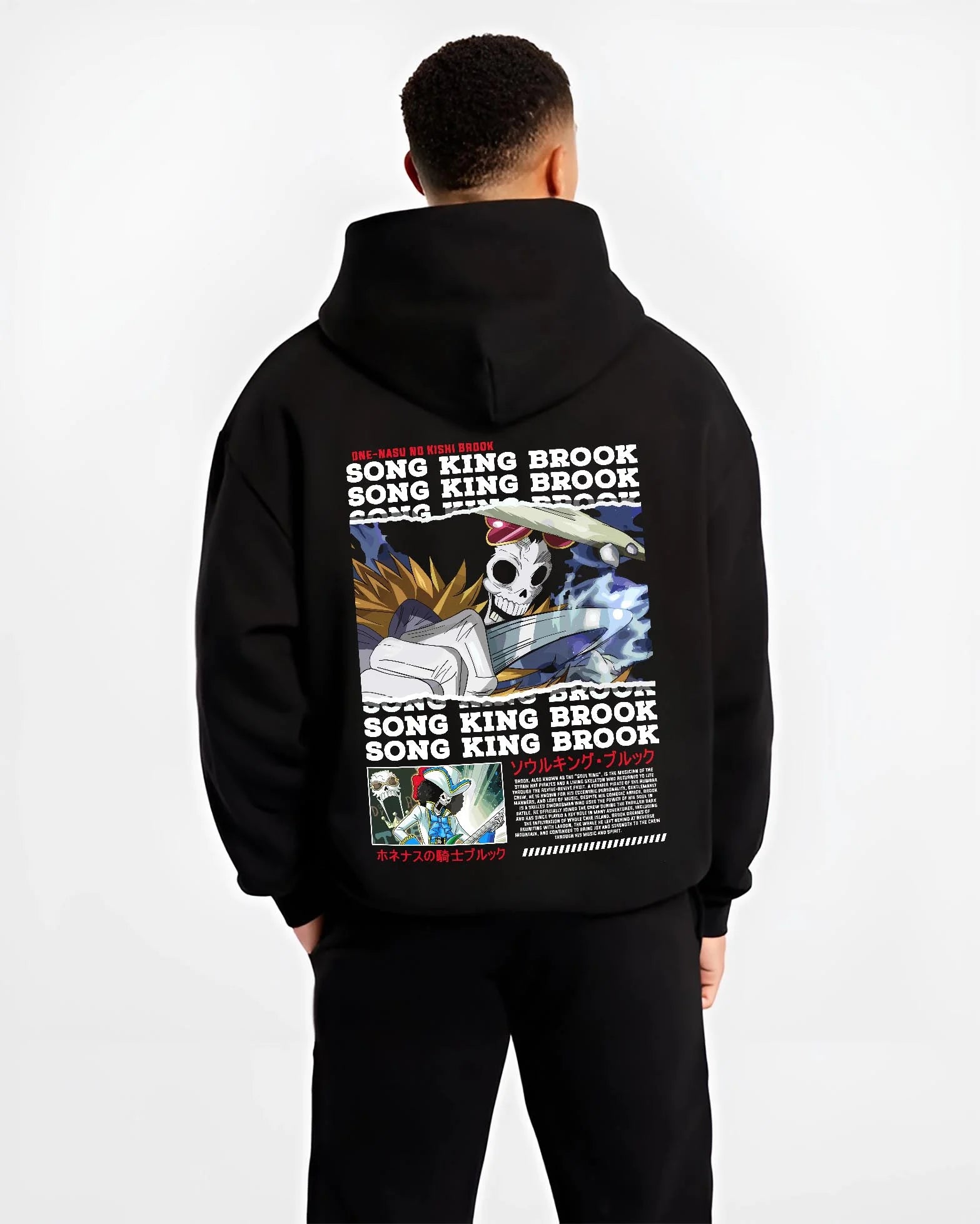 Black hoodie worn by male model, back view with Brook Hoodie One Piece Soul King Retro Music Poster graphic premium wear.