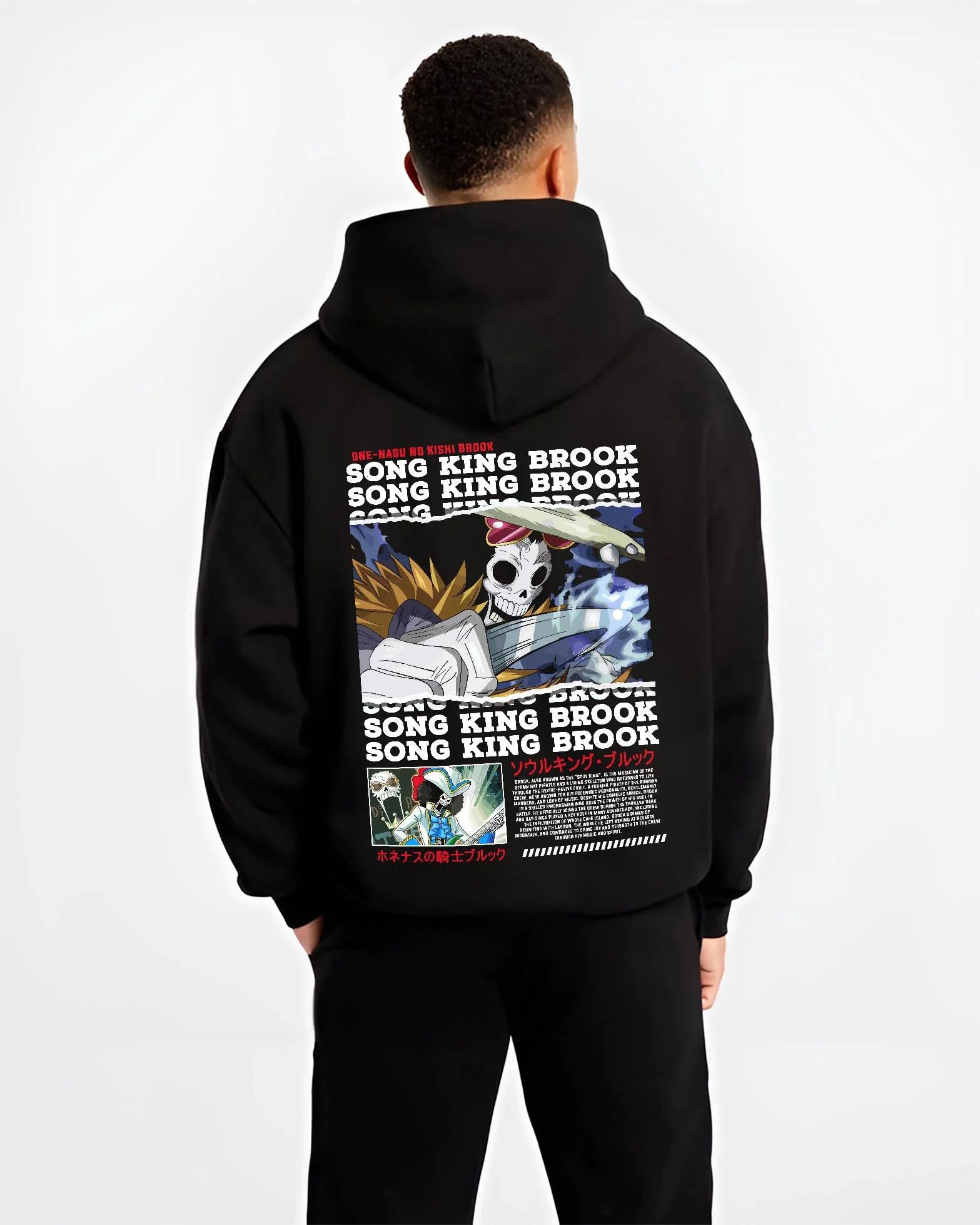 Black hoodie worn by male model, back view with Brook Hoodie One Piece Soul King Retro Music Poster graphic premium wear.