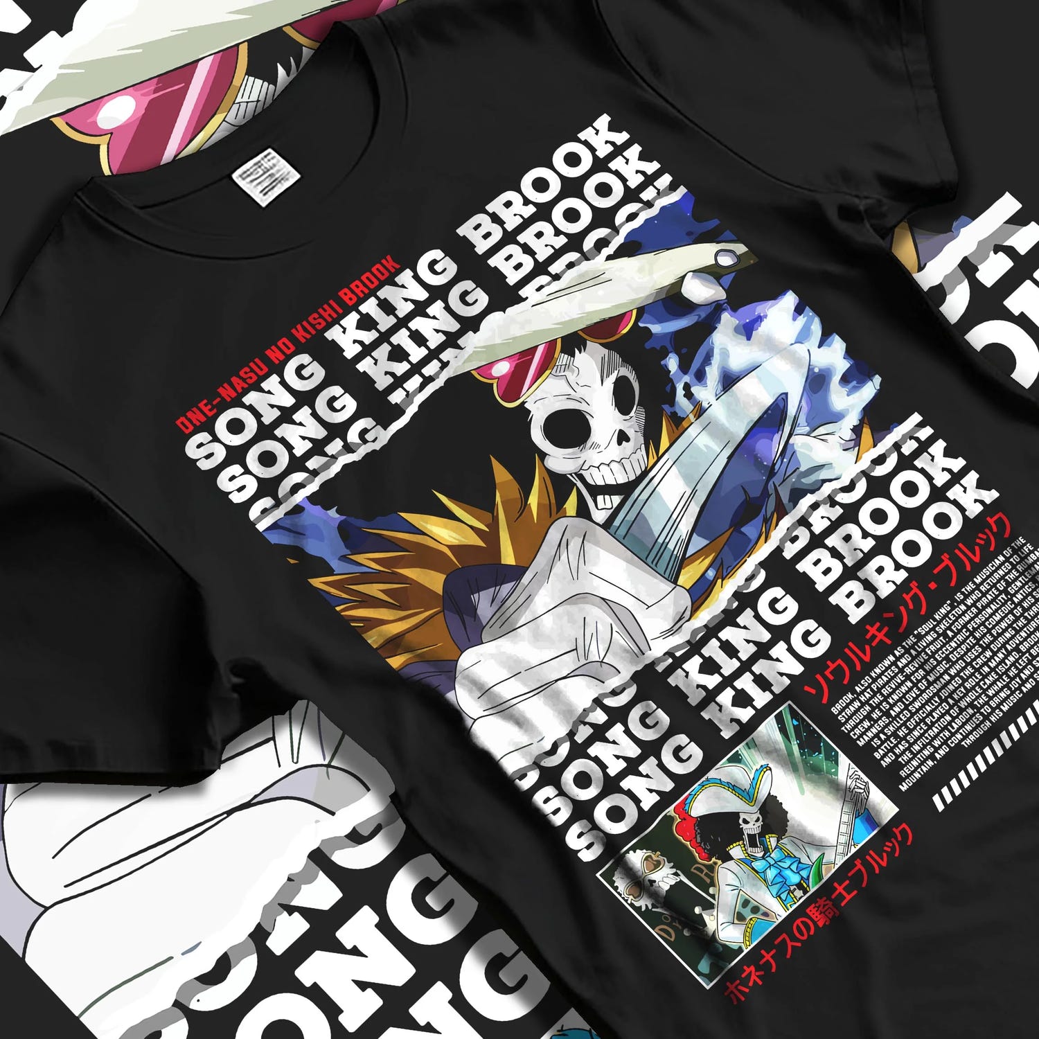 Black T-shirt laid flat with natural folds with Brook Hoodie One Piece Soul King Retro Music Poster graphic streetwear graphic.