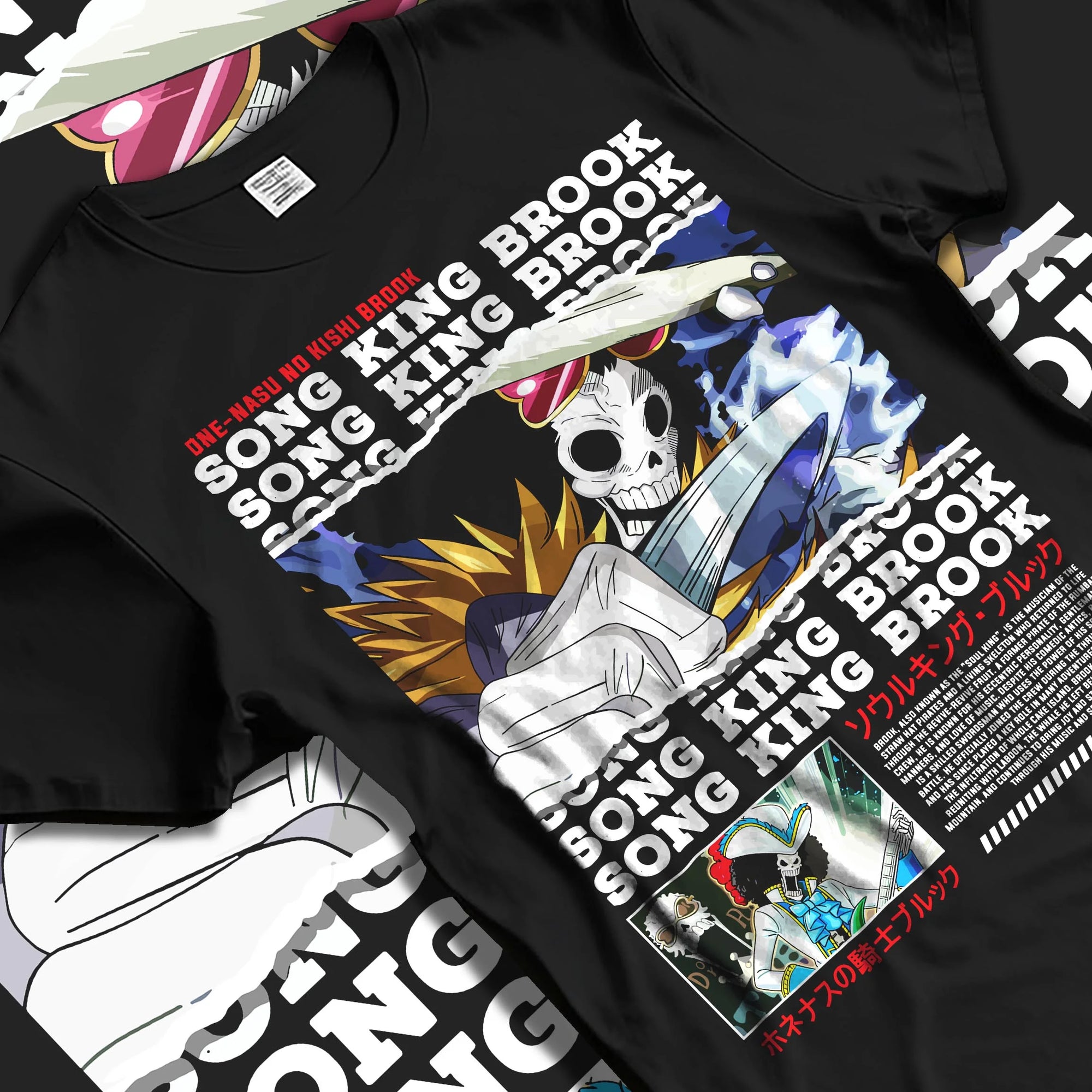 Black T-shirt laid flat with natural folds with Brook Hoodie One Piece Soul King Retro Music Poster graphic streetwear graphic.