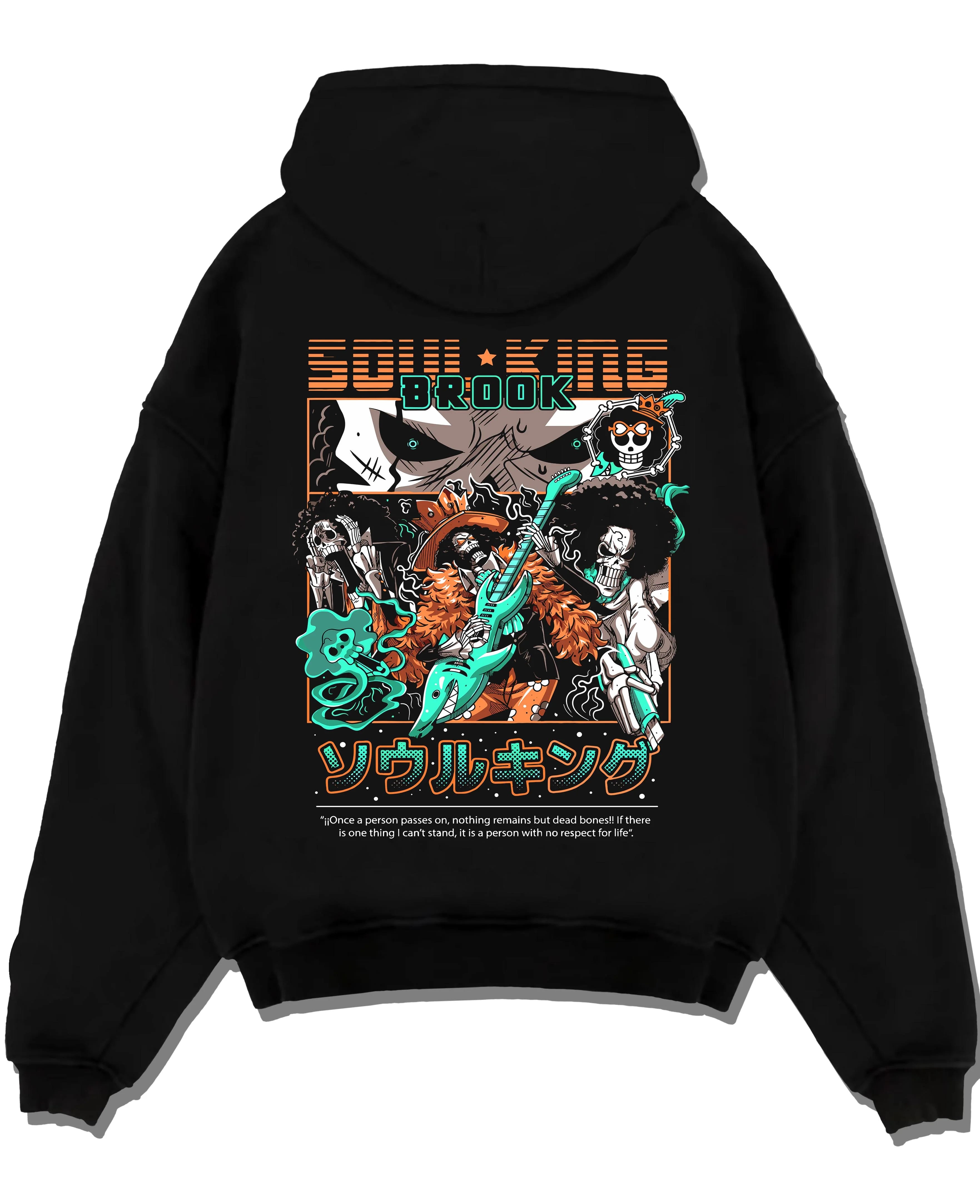 Black pullover hoodie laid flat with Brook Soul King Hoodie One Piece Flame Music Scene graphic Brook anime design.