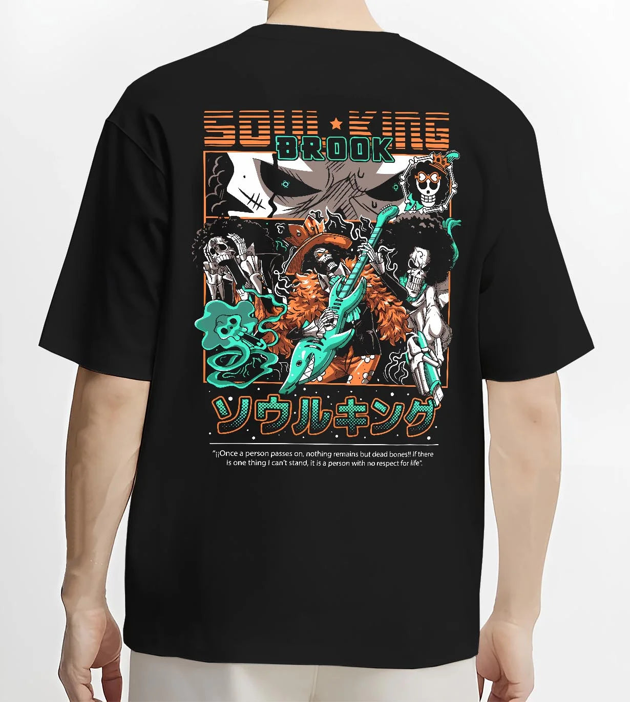 Black T-shirt worn by male model, back view with Brook Soul King Hoodie One Piece Flame Music Scene graphic premium wear.