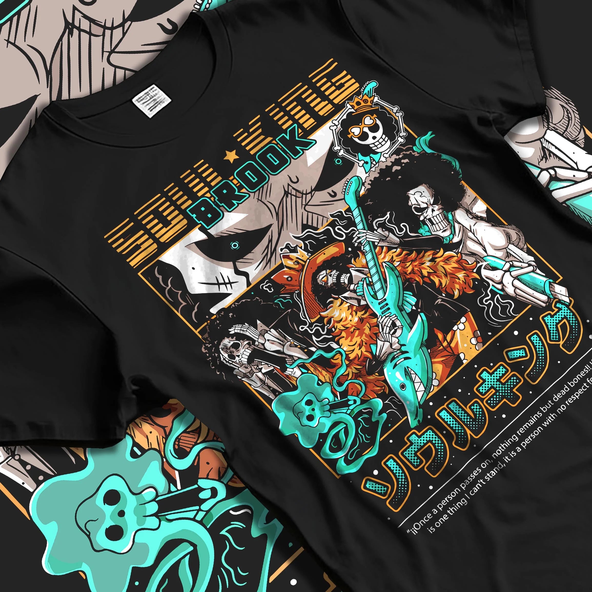 Black T-shirt laid flat with natural folds with Brook Soul King Hoodie One Piece Flame Music Scene graphic streetwear graphic.