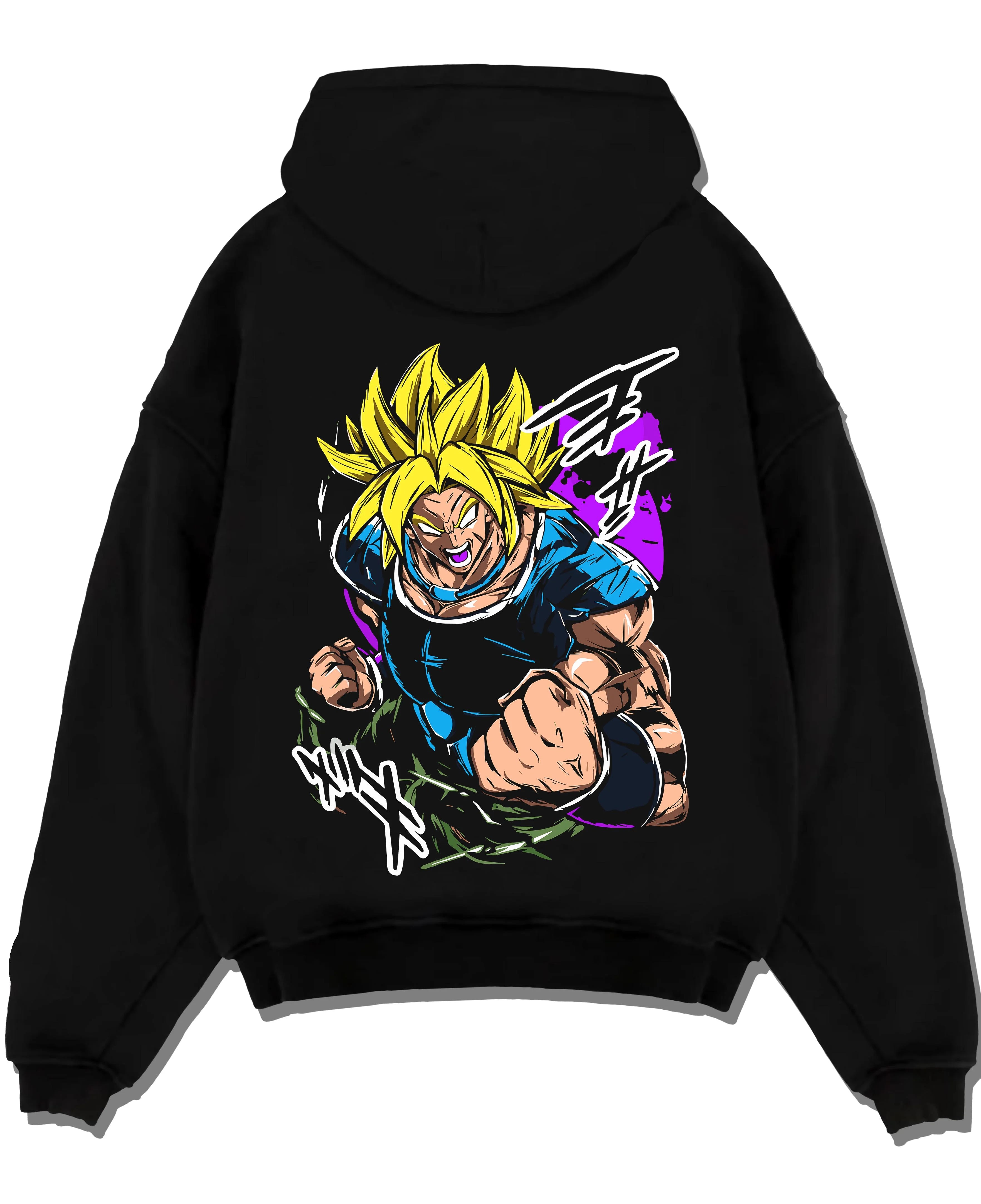 Black pullover hoodie laid flat with Broly Legendary Hoodie Dragon Ball Z Super Saiyan Rage graphic bold anime graphic.