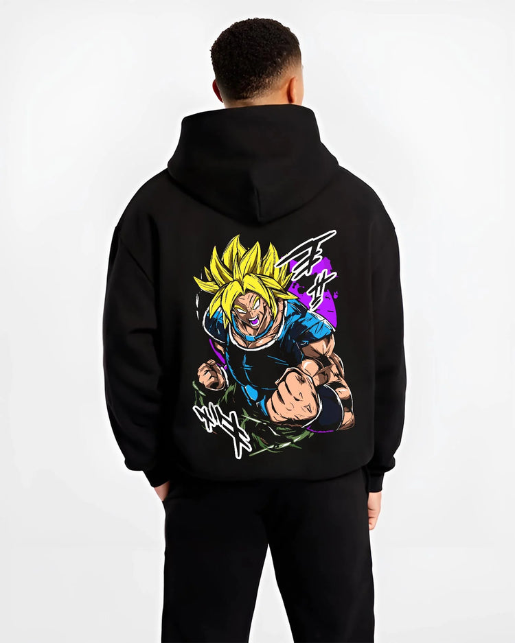 Black hoodie worn by male model, back view with Broly Legendary Hoodie Dragon Ball Z Super Saiyan Rage graphic premium wear.