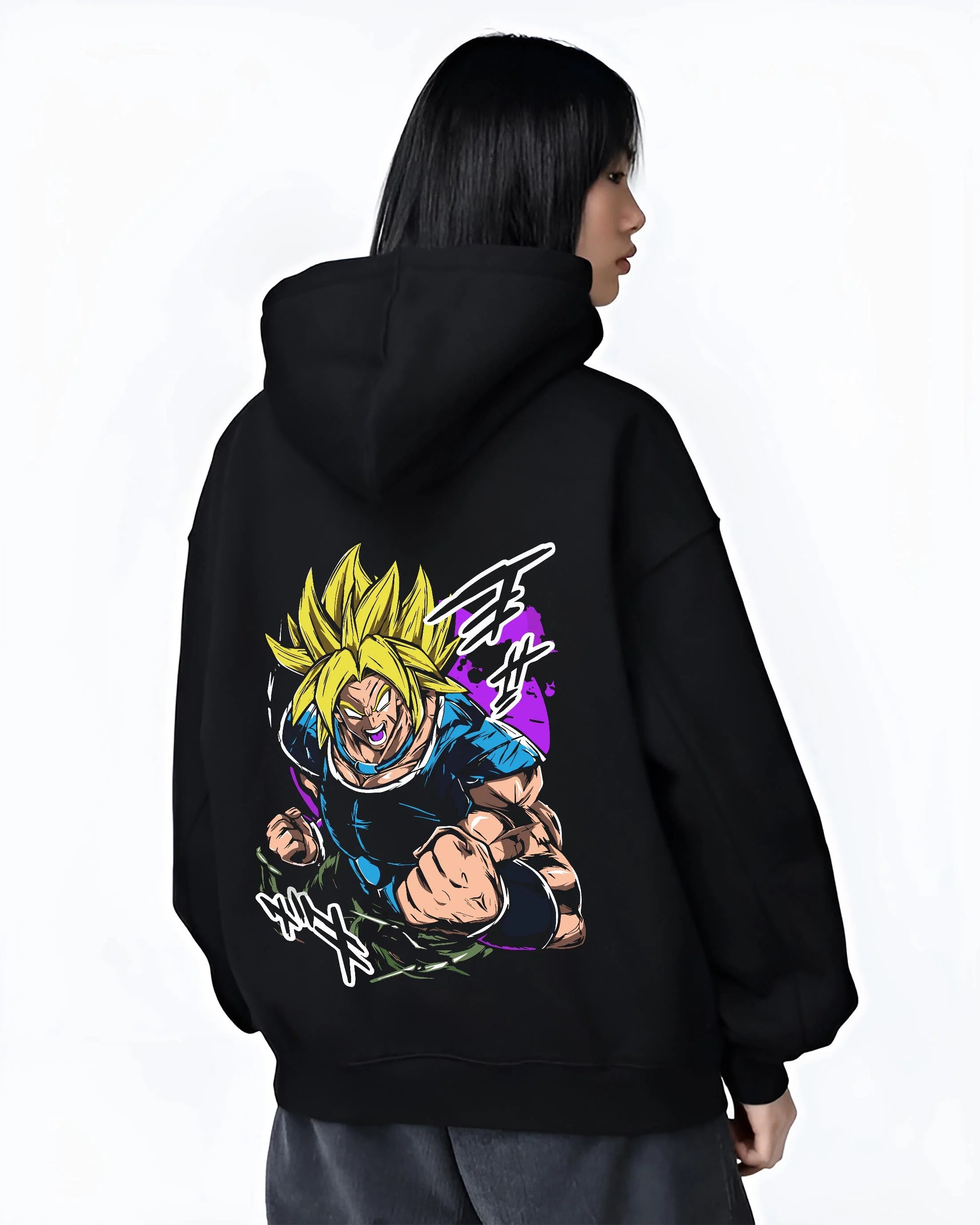 Black hoodie worn by female model, back view with Broly Legendary Hoodie Dragon Ball Z Super Saiyan Rage graphic bold anime graphic.