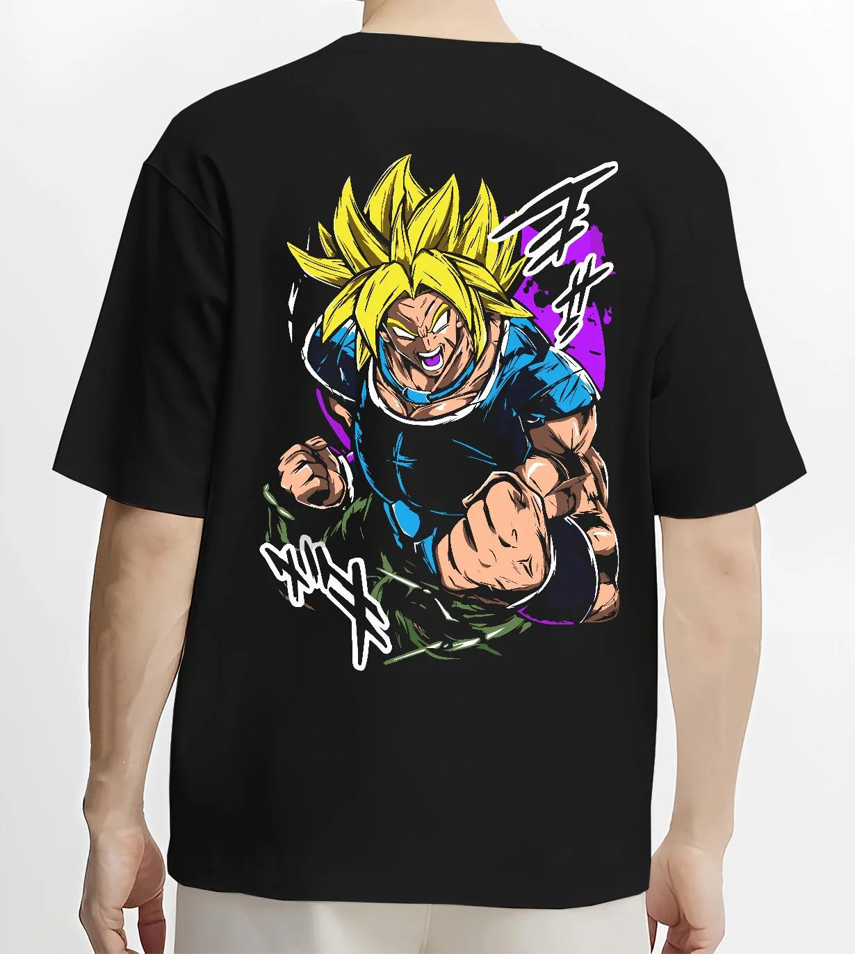 Black T-shirt worn by male model, back view with Broly Legendary Hoodie Dragon Ball Z Super Saiyan Rage graphic Broly anime design.