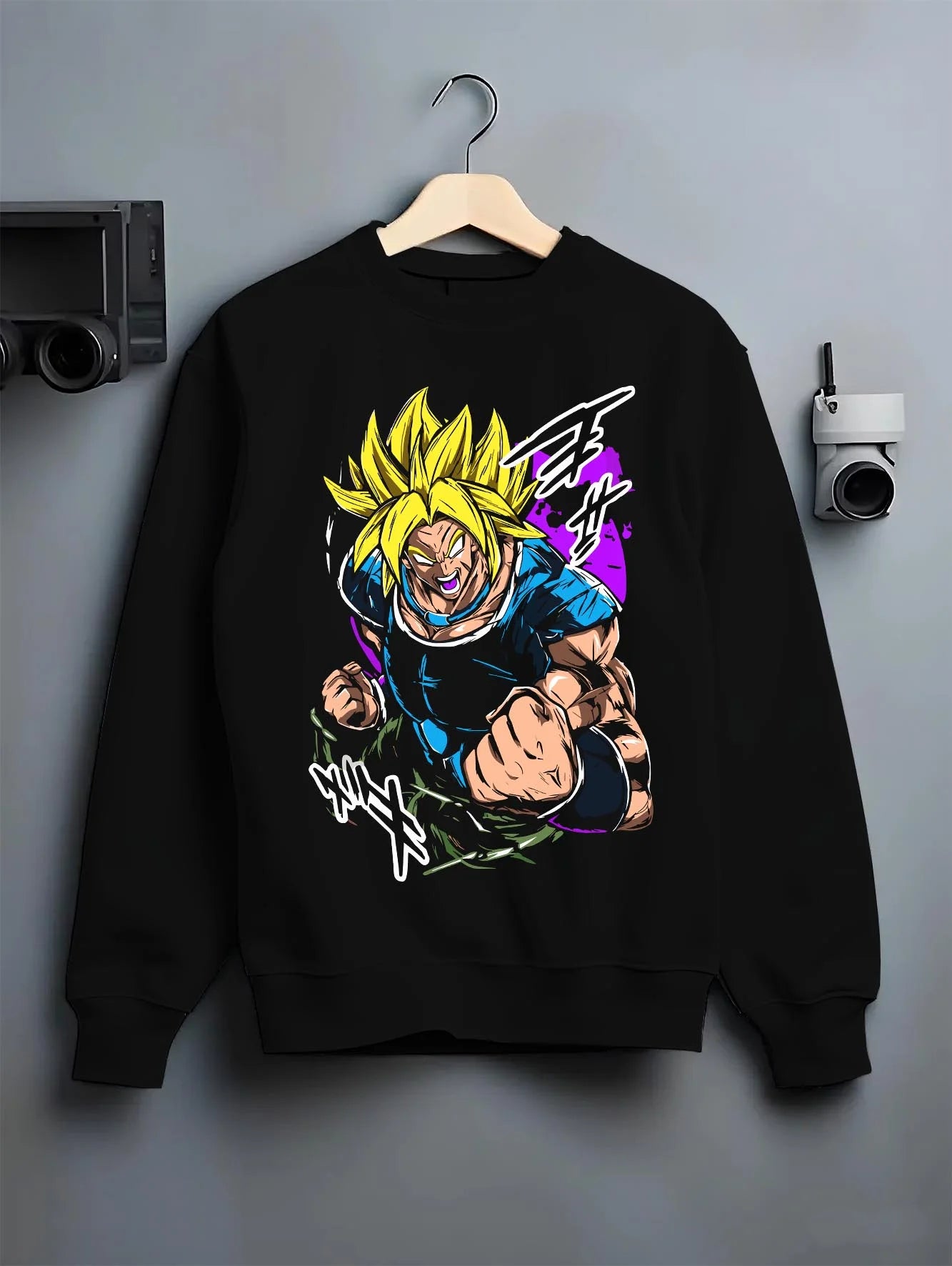 Black crewneck sweatshirt on hanger with Broly Legendary Hoodie Dragon Ball Z Super Saiyan Rage graphic streetwear graphic.