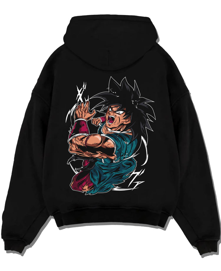 Black pullover hoodie laid flat with Broly Power Hoodie Dragon Ball Z Furious Battle Scene graphic Broly anime design.