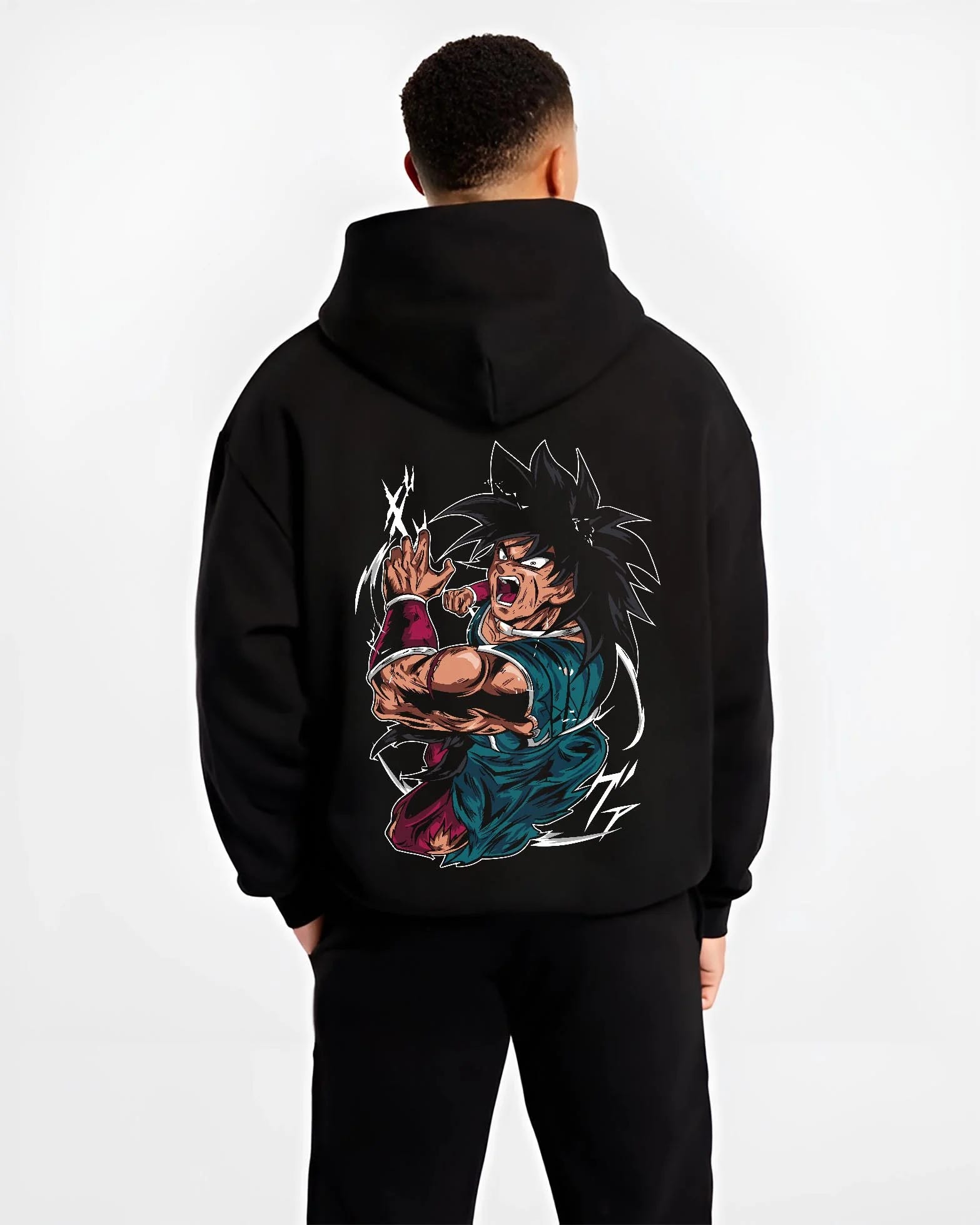 Black hoodie worn by male model, back view with Broly Power Hoodie Dragon Ball Z Furious Battle Scene graphic Broly anime design.
