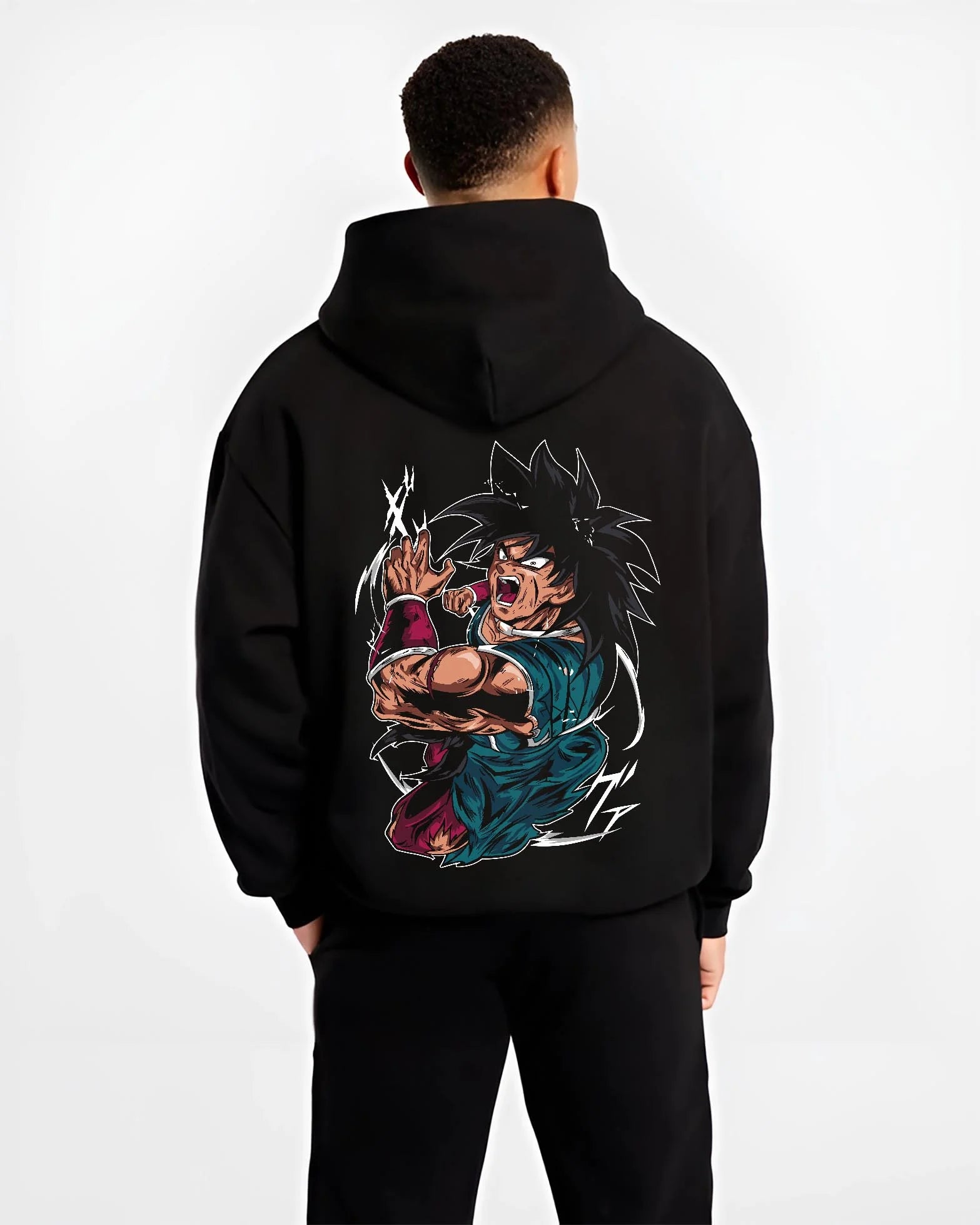 Black hoodie worn by male model, back view with Broly Power Hoodie Dragon Ball Z Furious Battle Scene graphic Broly anime design.