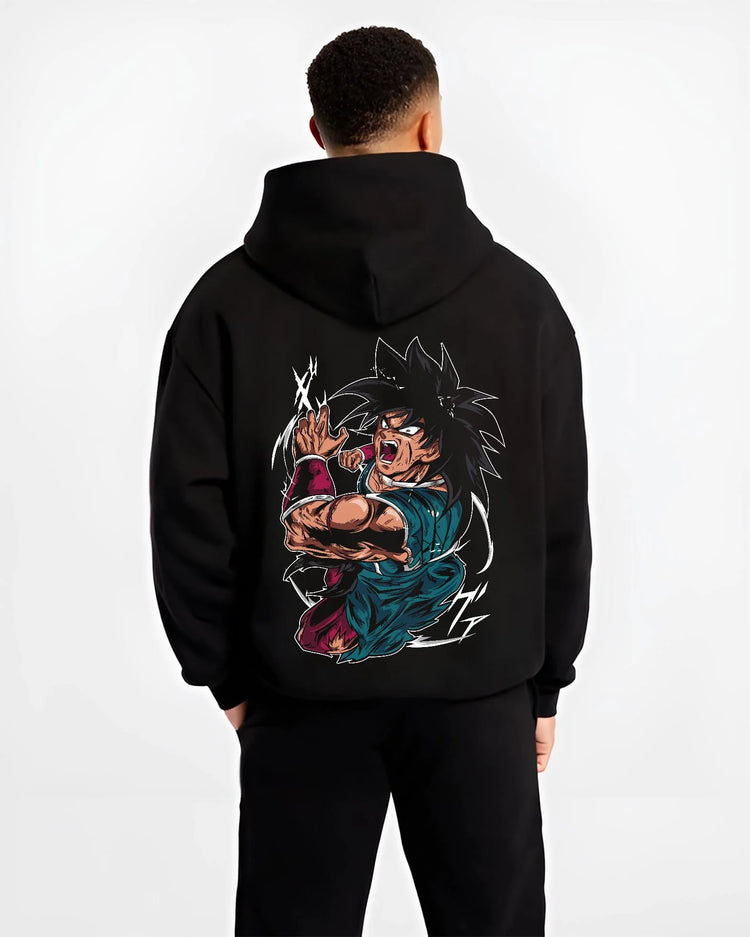 Black hoodie worn by male model, back view with Broly Power Hoodie Dragon Ball Z Furious Battle Scene graphic Broly anime design.