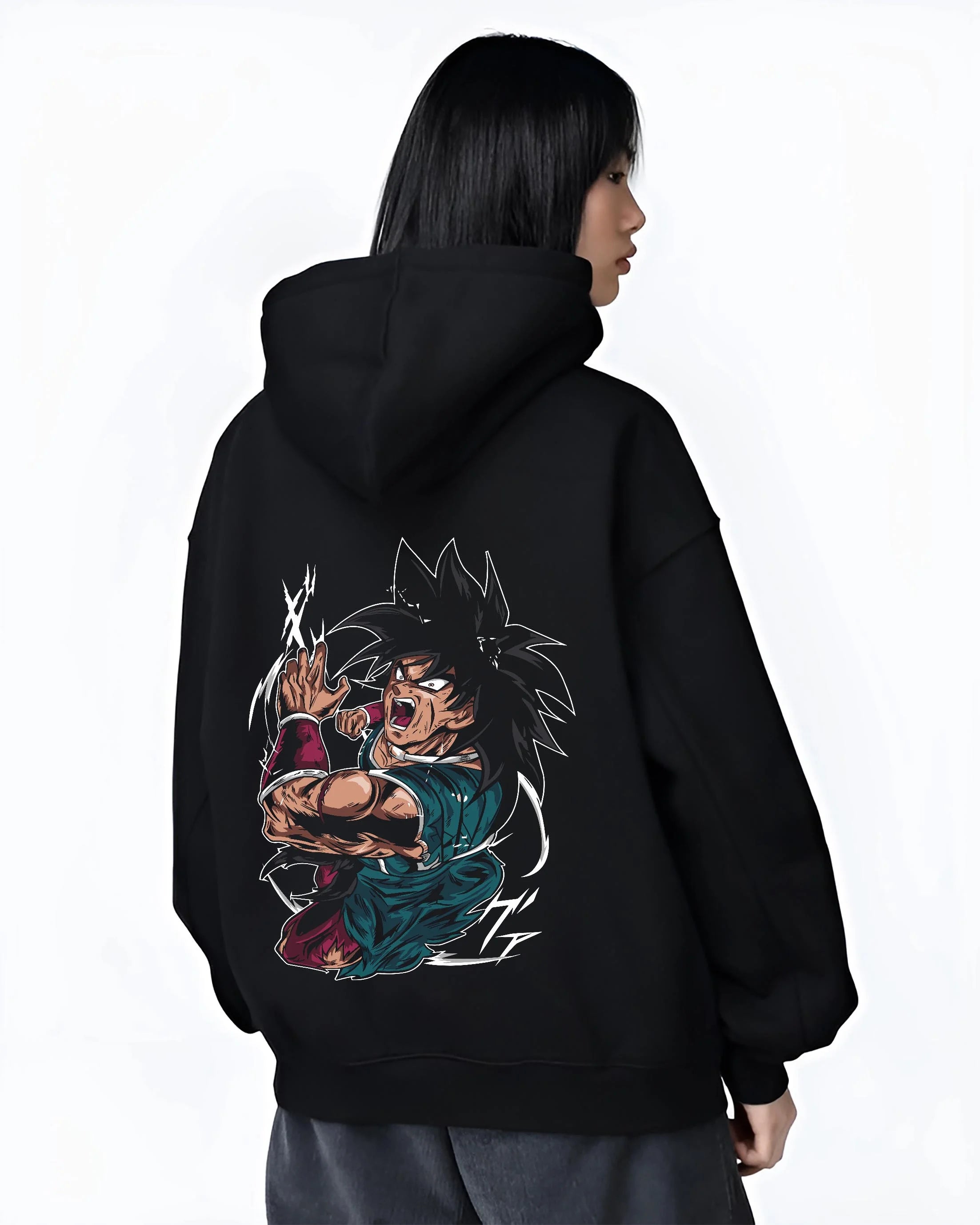 Black hoodie worn by female model, back view with Broly Power Hoodie Dragon Ball Z Furious Battle Scene graphic premium wear.