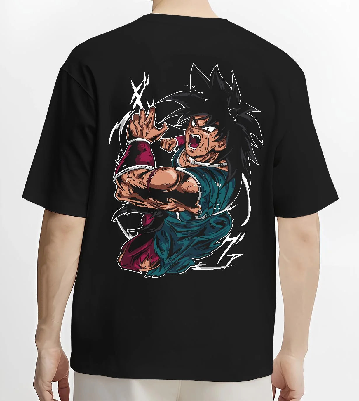Black T-shirt worn by male model, back view with Broly Power Hoodie Dragon Ball Z Furious Battle Scene graphic Broly anime design.