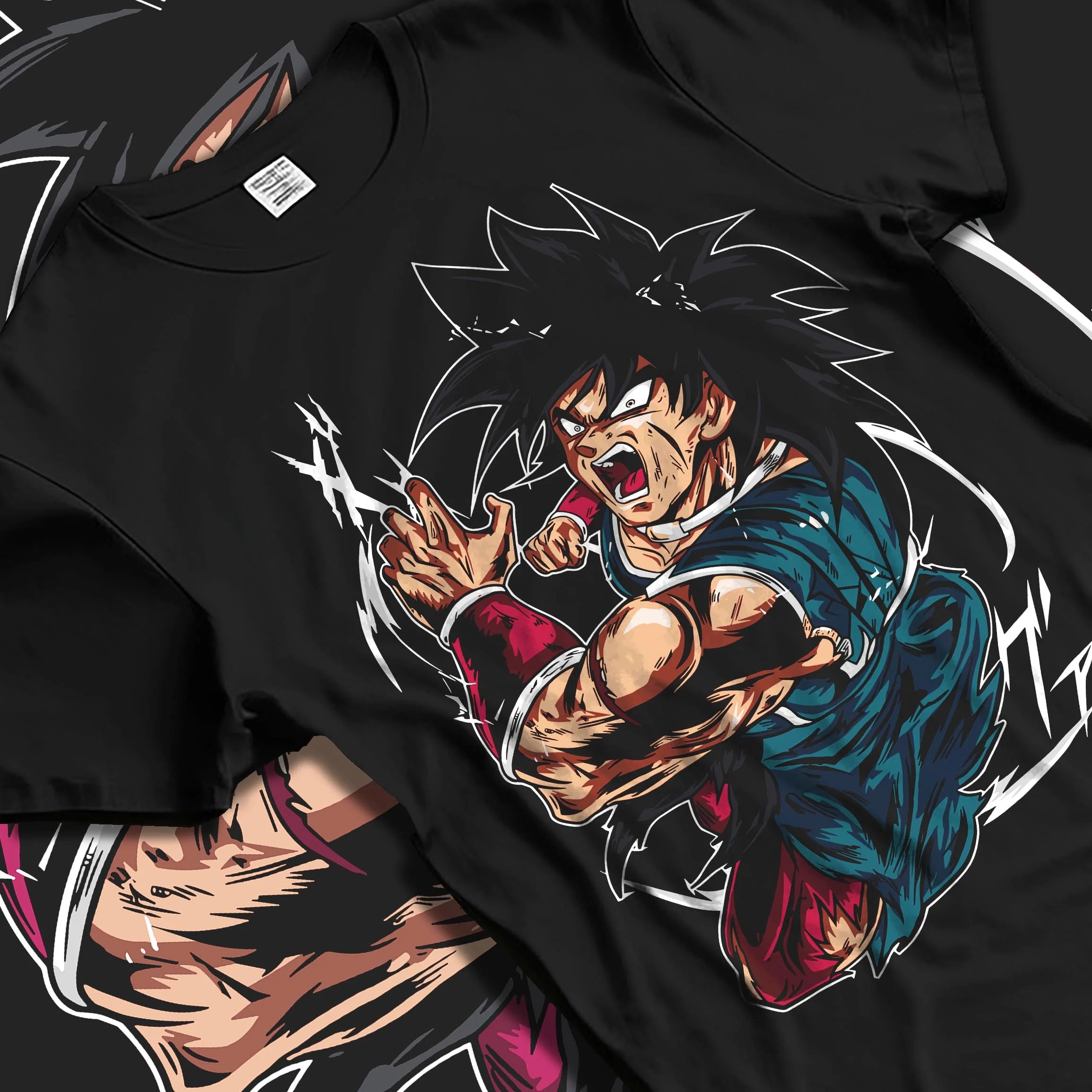 Black T-shirt laid flat with natural folds with Broly Power Hoodie Dragon Ball Z Furious Battle Scene graphic premium wear.