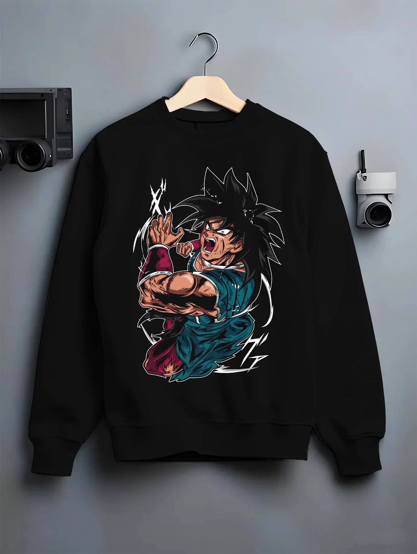 Black crewneck sweatshirt on hanger with Broly Power Hoodie Dragon Ball Z Furious Battle Scene graphic Broly anime design.