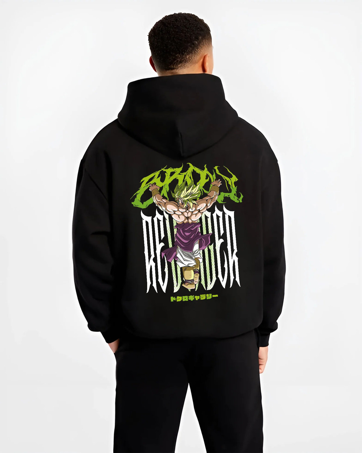 Black hoodie model back view showing Broly from Dragon Ball: Super Saiyan form