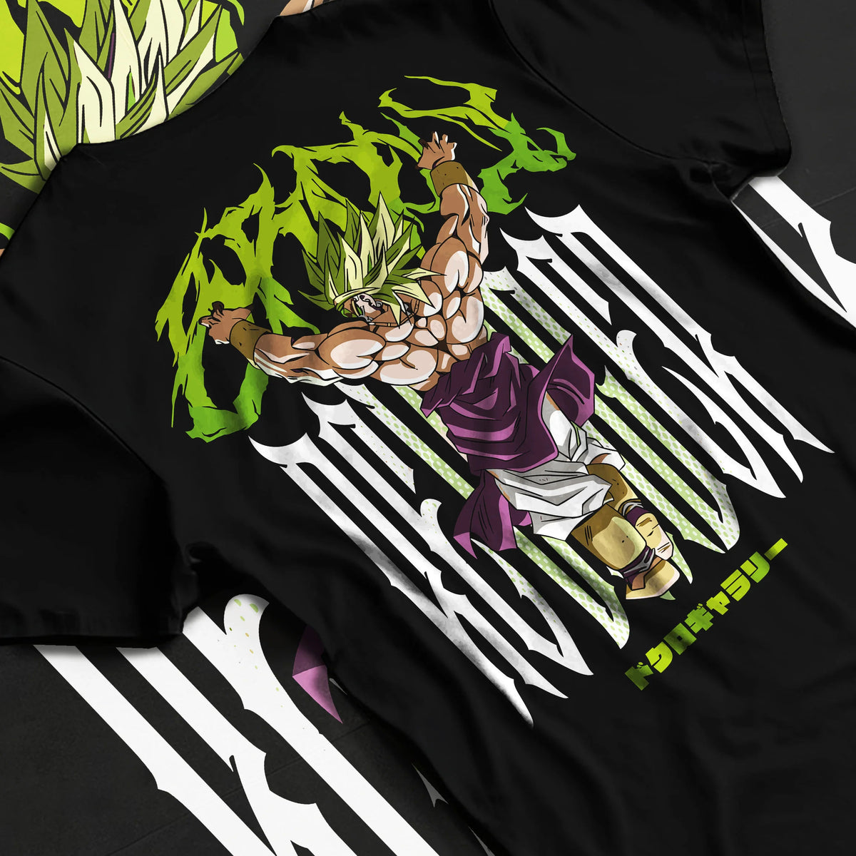 Black T-shirt flat back view showing Broly from Dragon Ball: Super Saiyan form