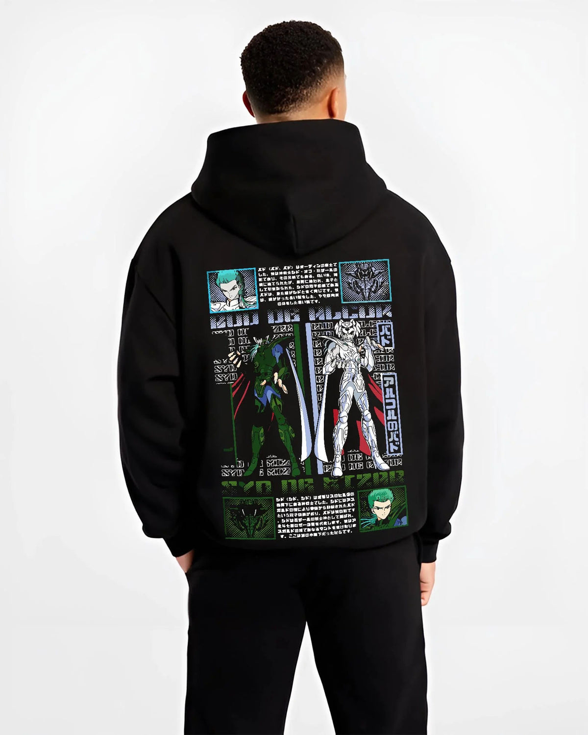 Black hoodie worn by male model from the back featuring Roronoa Zoro One Piece Wano swordsman artwork.