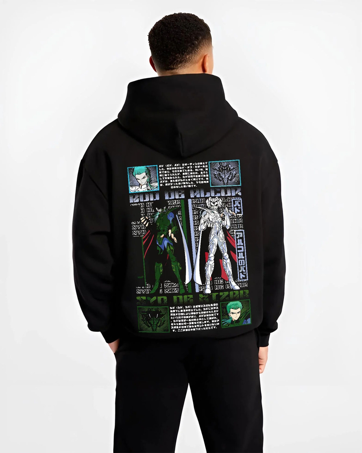 Black hoodie worn by male model from the back featuring Roronoa Zoro One Piece Wano swordsman artwork.