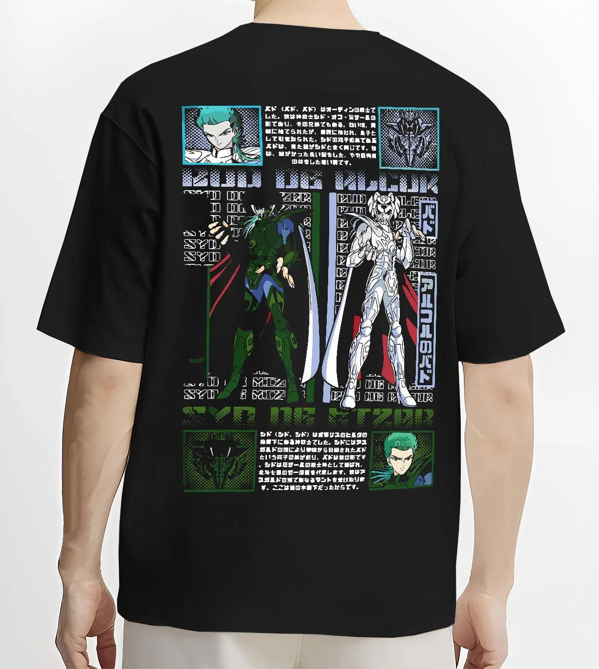 Black T-shirt worn by male model from the back featuring Roronoa Zoro One Piece Wano swordsman artwork.