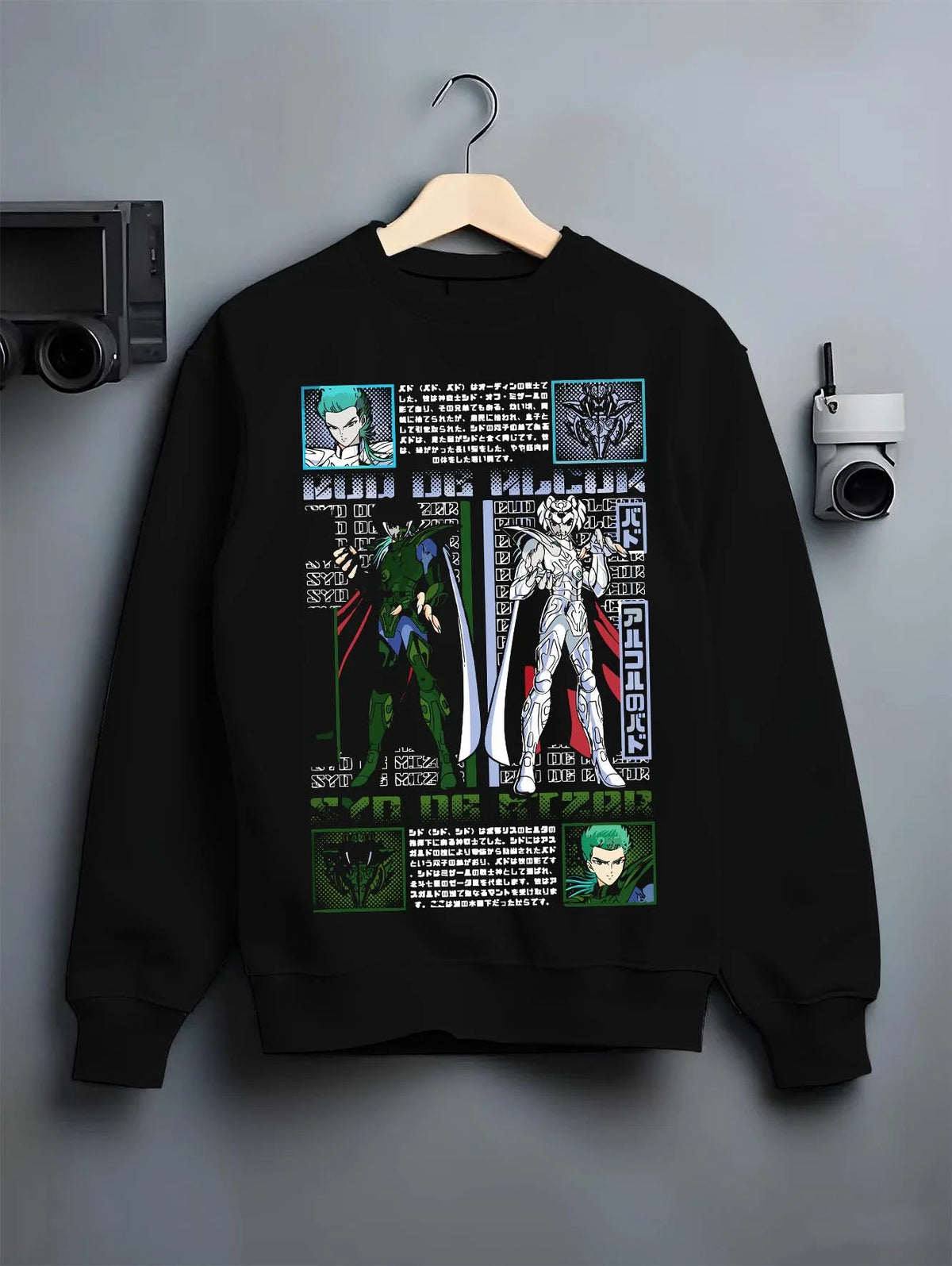 Black crewneck sweatshirt on hanger featuring Roronoa Zoro One Piece Wano swordsman artwork.