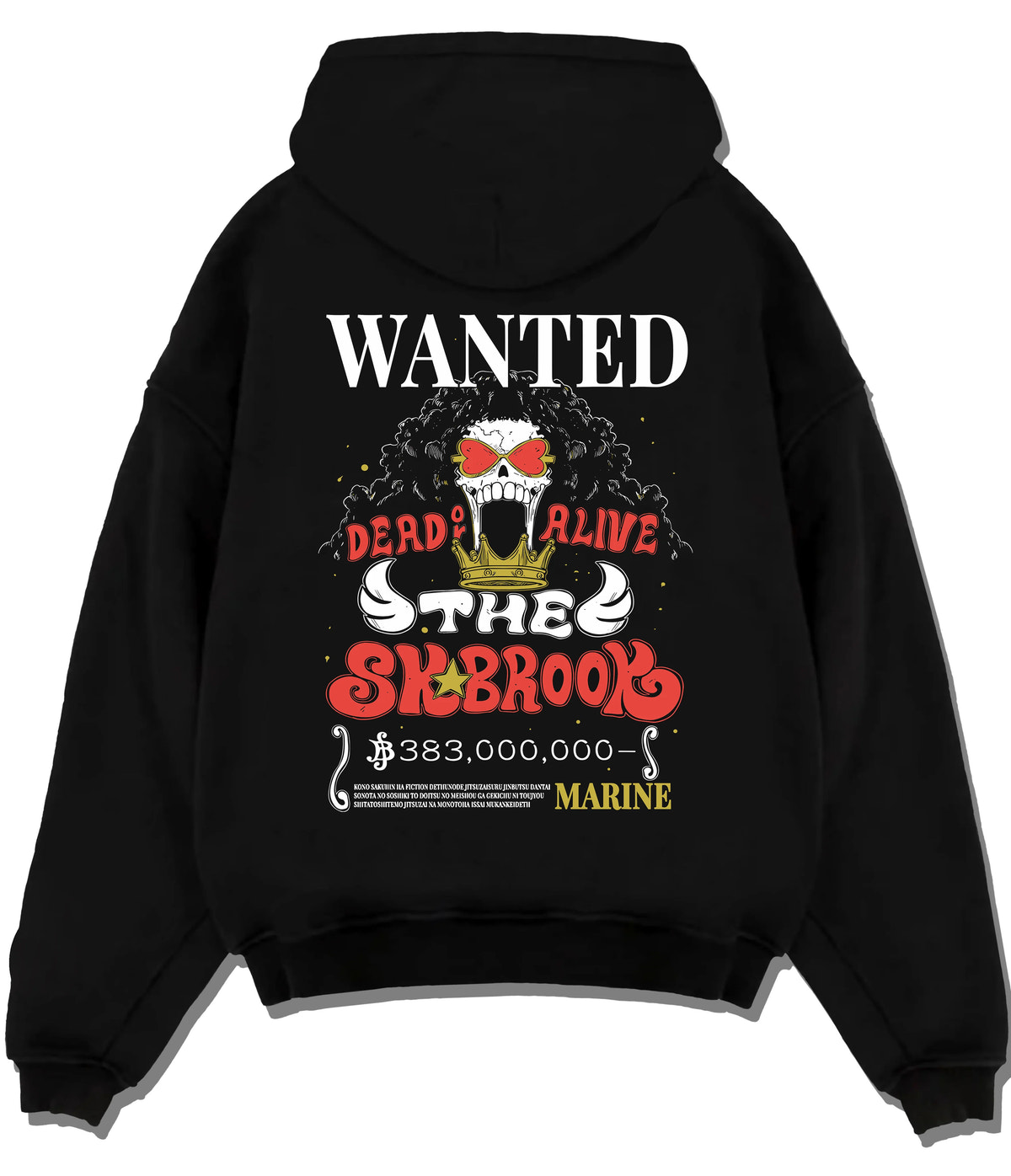 Black hoodie flat back view with Brook wanted poster from One Piece illustrated back graphic