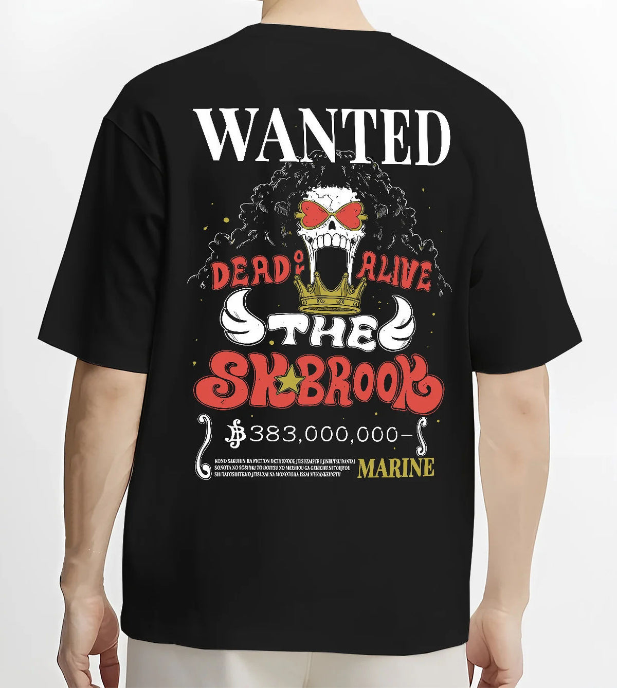 Black T-shirt model back view with Brook wanted poster from One Piece illustrated back graphic