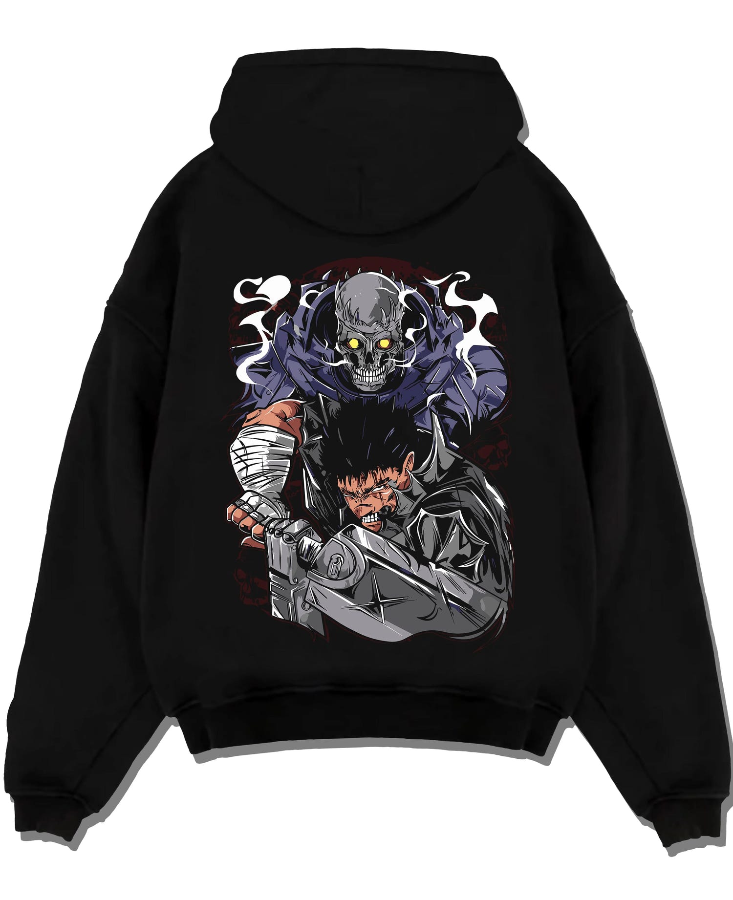 Black pullover hoodie laid flat with Guts Berserk Hoodie Eclipse Hero Dark Blade Poster graphic bold anime graphic.