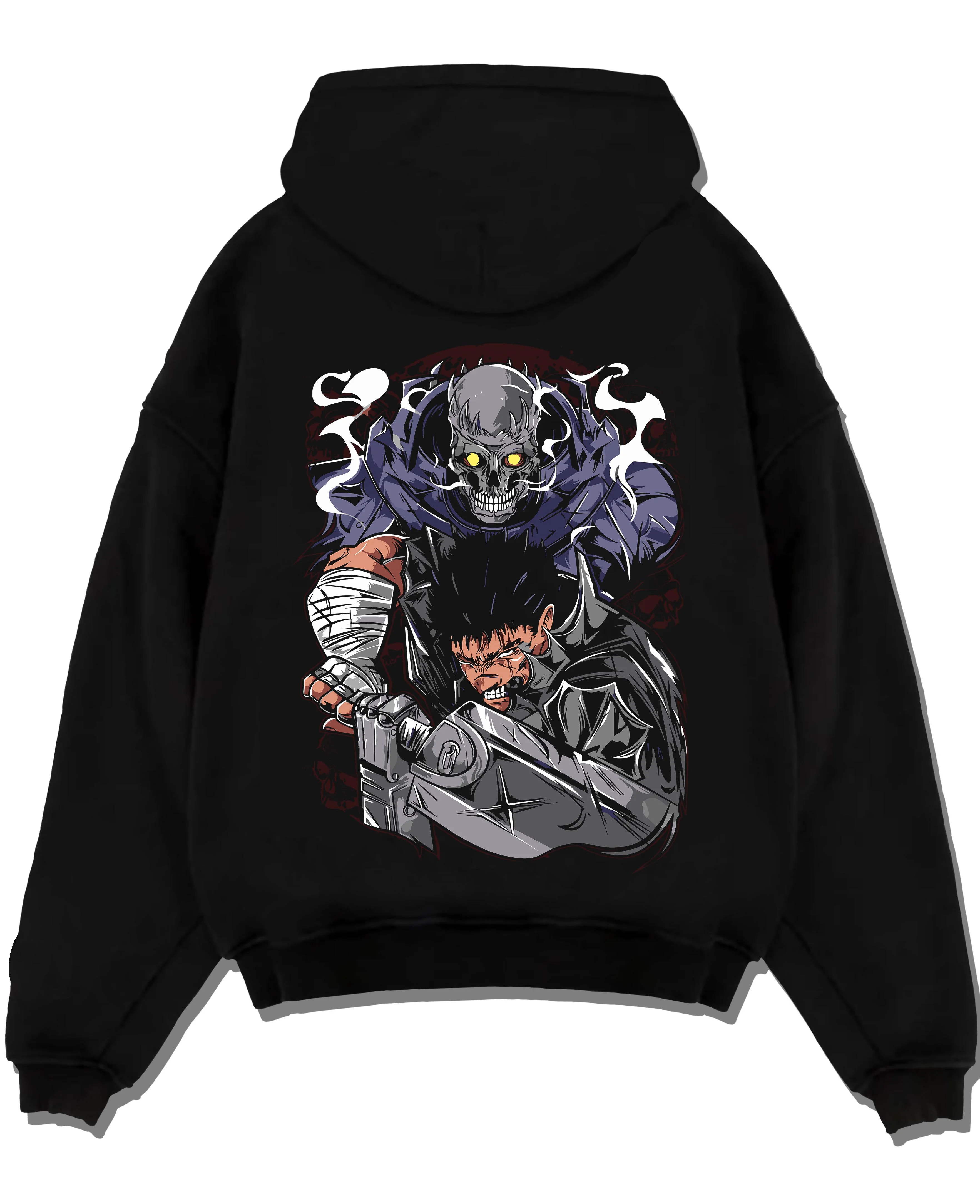 Black pullover hoodie laid flat with Guts Berserk Hoodie Eclipse Hero Dark Blade Poster graphic bold anime graphic.