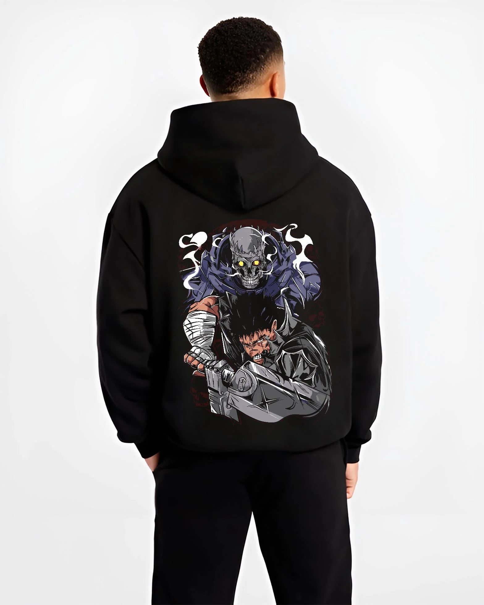 Black hoodie worn by male model, back view with Guts Berserk Hoodie Eclipse Hero Dark Blade Poster graphic premium wear.