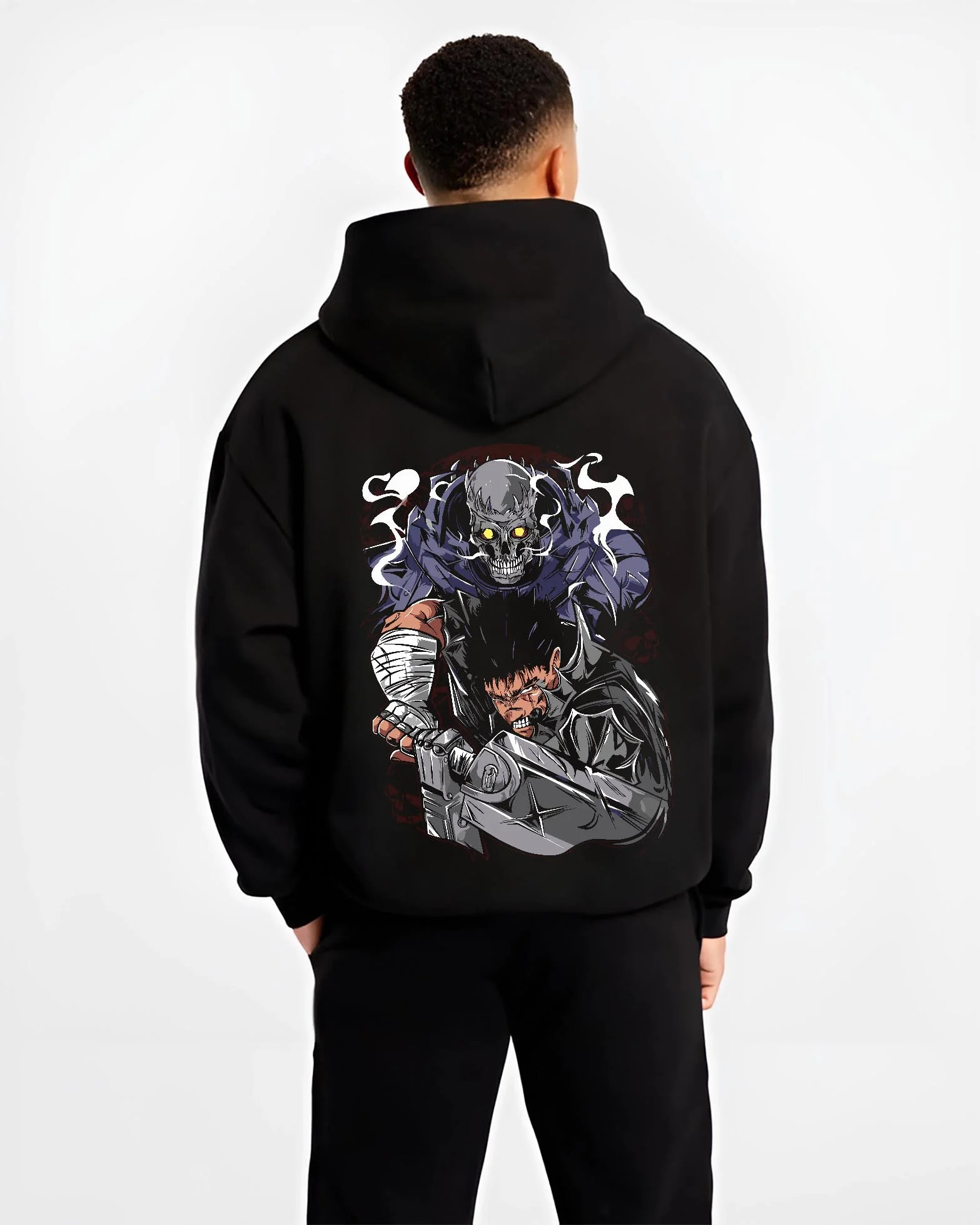 Black hoodie worn by male model, back view with Guts Berserk Hoodie Eclipse Hero Dark Blade Poster graphic premium wear.