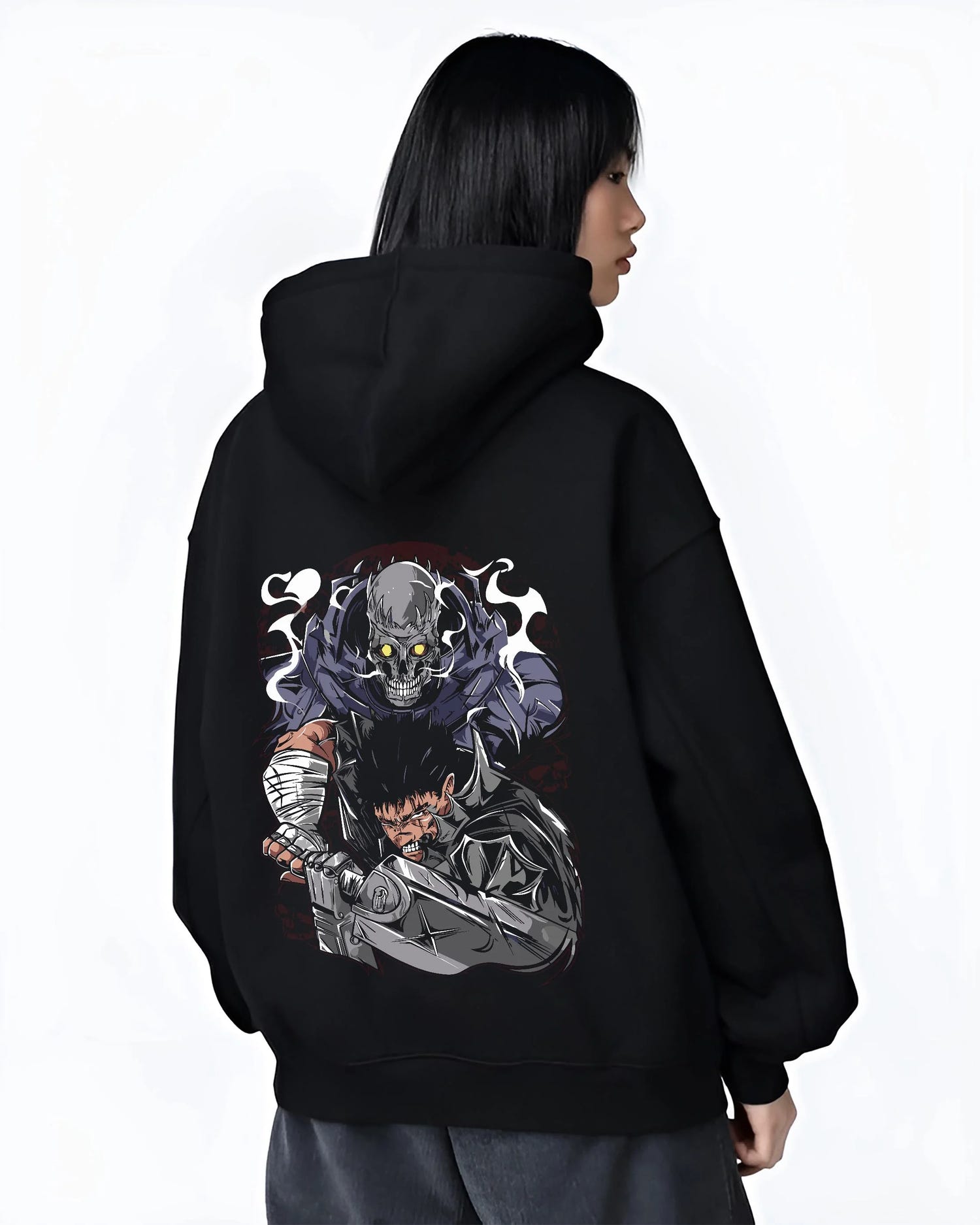 Black hoodie worn by female model, back view with Guts Berserk Hoodie Eclipse Hero Dark Blade Poster graphic streetwear graphic.