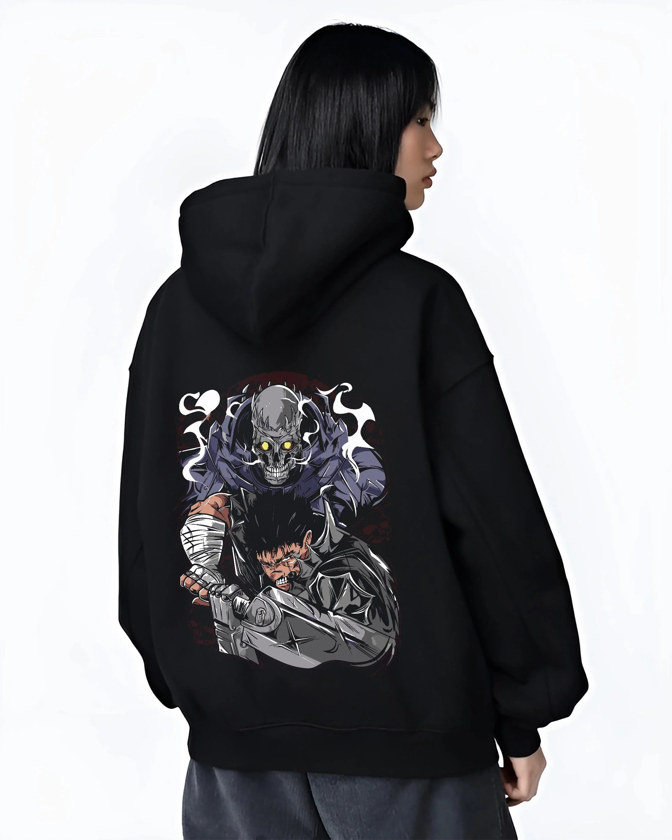 Black hoodie worn by female model, back view with Guts Berserk Hoodie Eclipse Hero Dark Blade Poster graphic streetwear graphic.