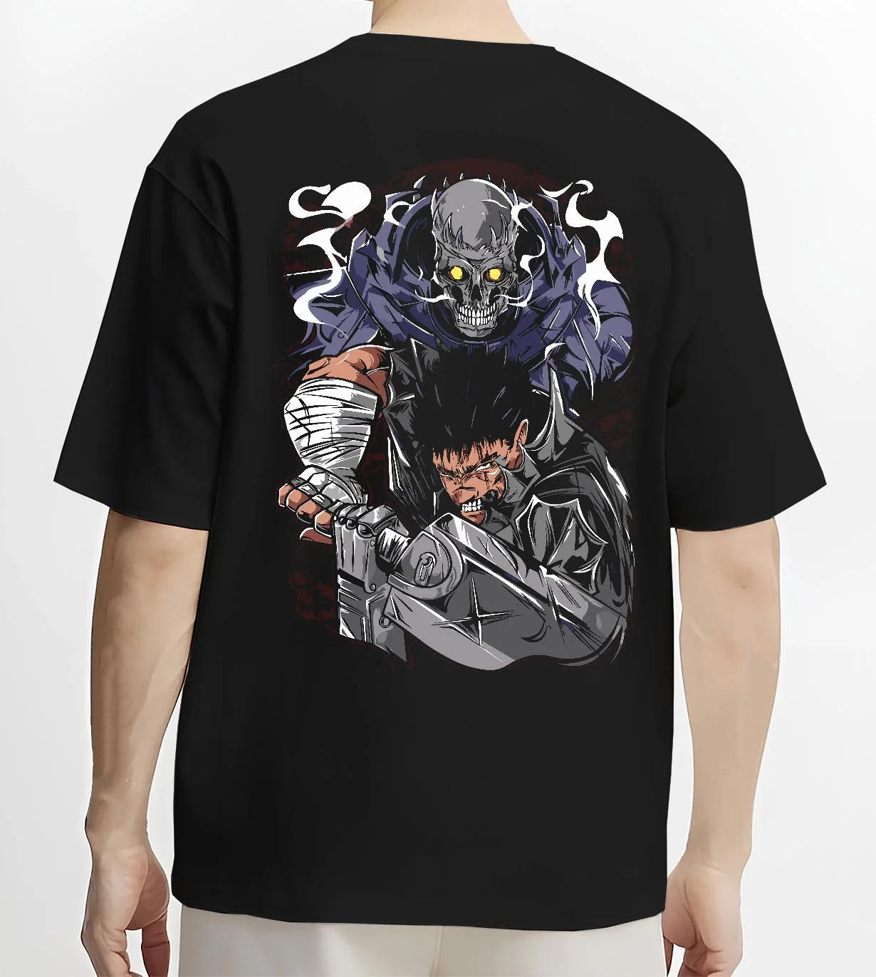 Black T-shirt worn by male model, back view with Guts Berserk Hoodie Eclipse Hero Dark Blade Poster graphic Guts themed artwork.