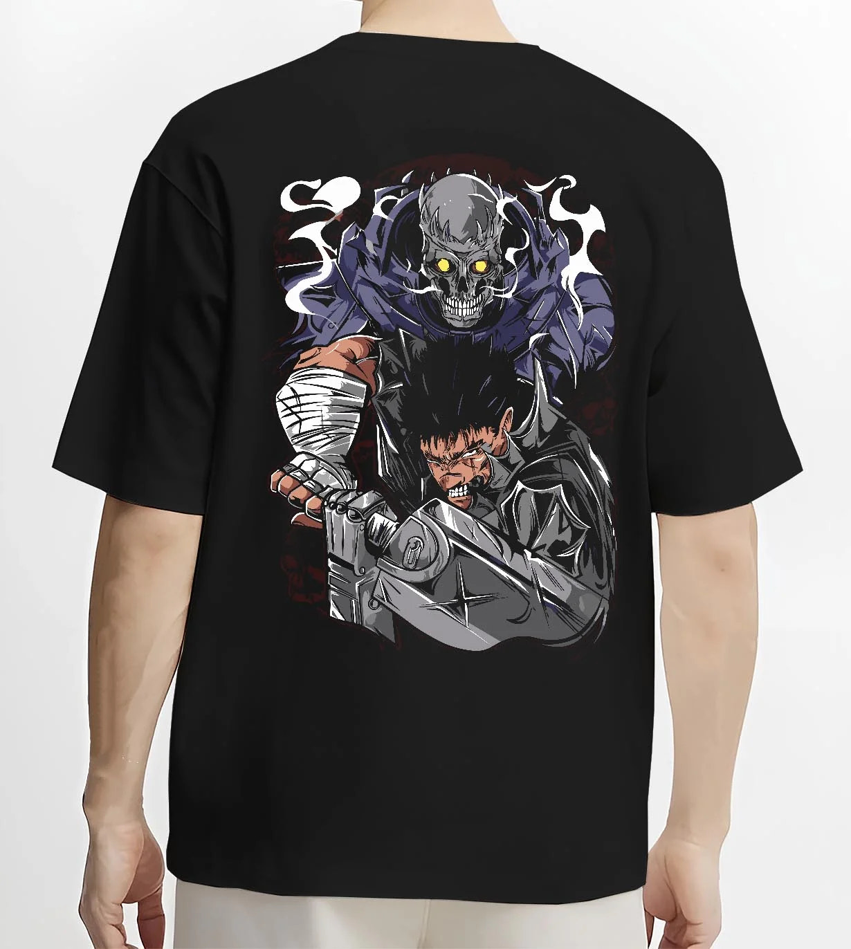Black T-shirt worn by male model, back view with Guts Berserk Hoodie Eclipse Hero Dark Blade Poster graphic Guts themed artwork.