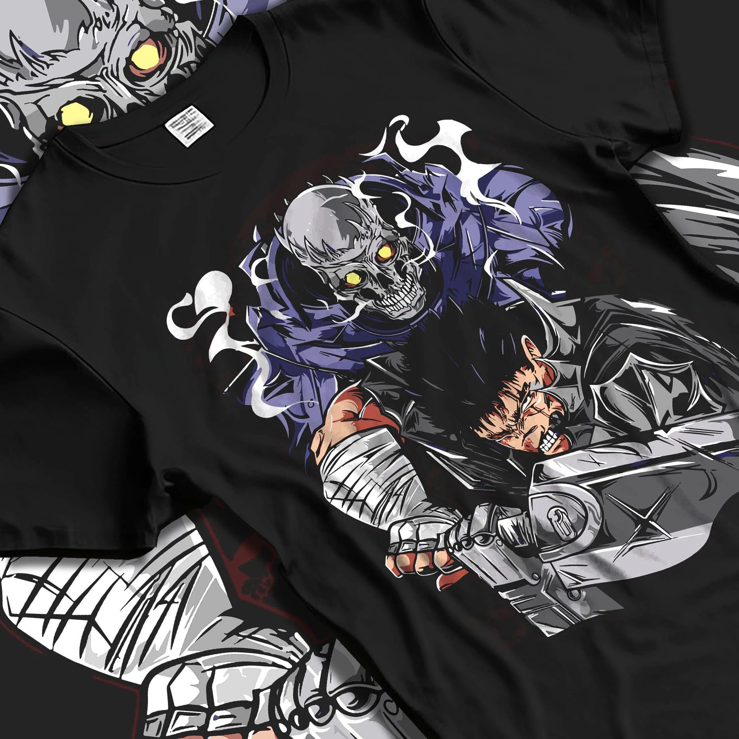 Black T-shirt laid flat with natural folds with Guts Berserk Hoodie Eclipse Hero Dark Blade Poster graphic Guts anime design.