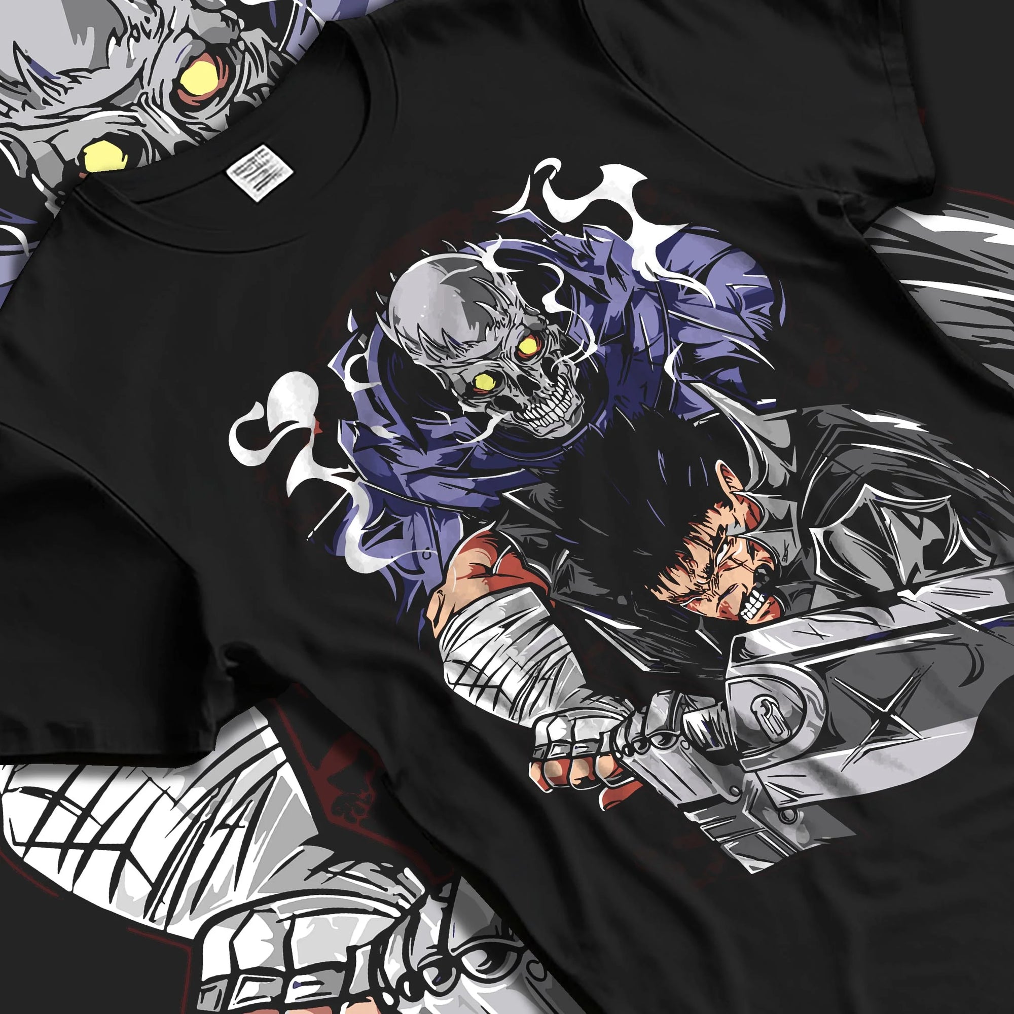 Black T-shirt laid flat with natural folds with Guts Berserk Hoodie Eclipse Hero Dark Blade Poster graphic Guts anime design.