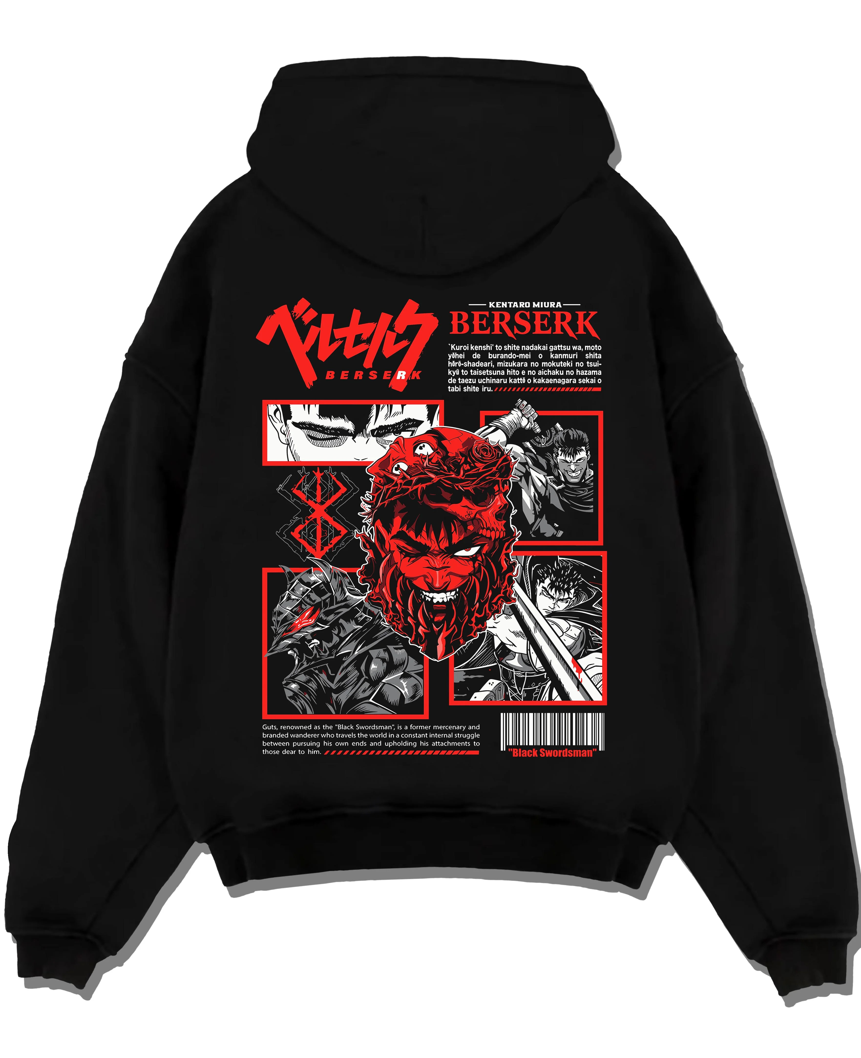 Black pullover hoodie laid flat with Berserk Eclipse Hoodie Bloody Behelit Red Demon Face graphic streetwear graphic.