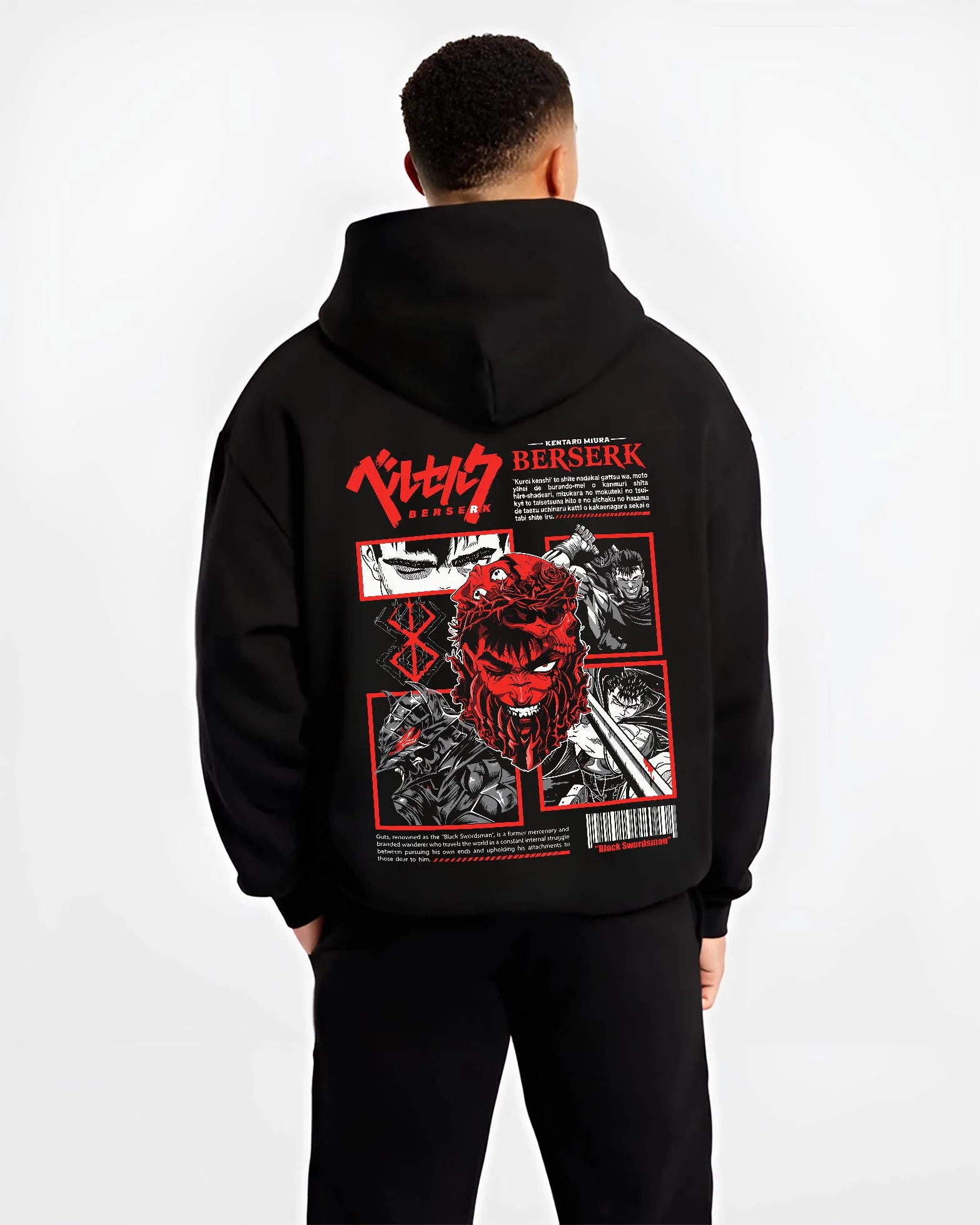 Black hoodie worn by male model, back view with Berserk Eclipse Hoodie Bloody Behelit Red Demon Face graphic streetwear graphic.