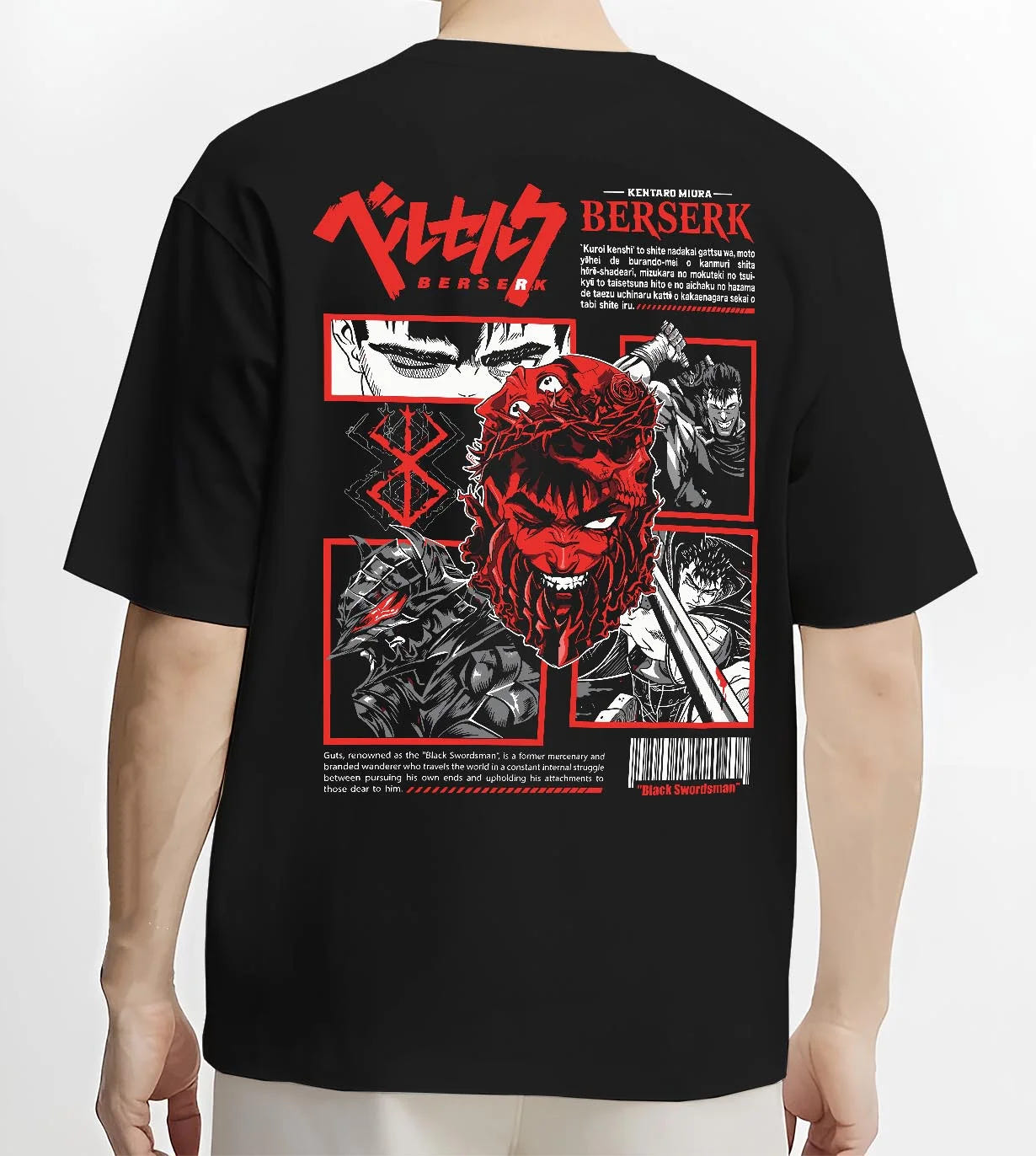 Black T-shirt worn by male model, back view with Berserk Eclipse Hoodie Bloody Behelit Red Demon Face graphic bold anime graphic.