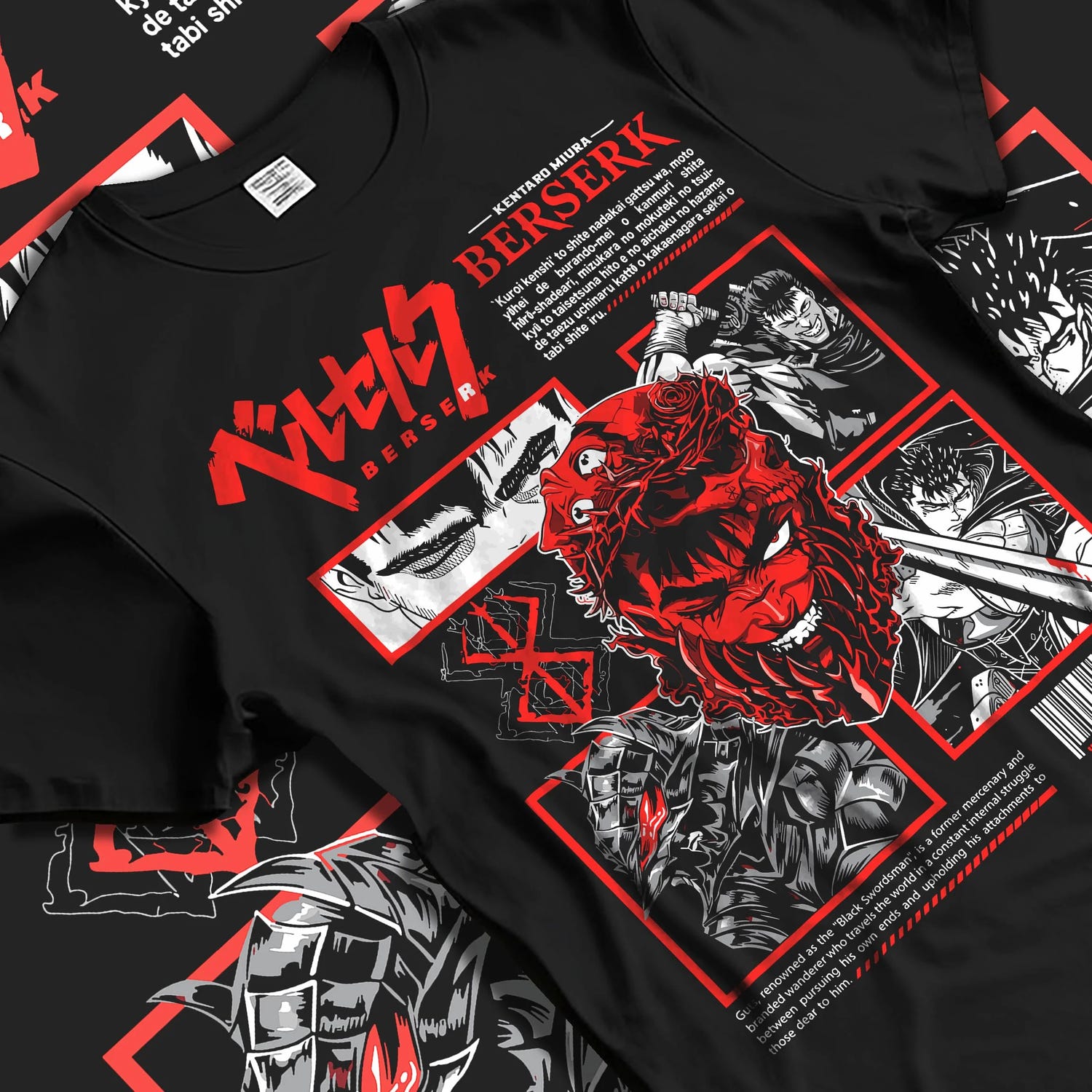 Black T-shirt laid flat with natural folds with Berserk Eclipse Hoodie Bloody Behelit Red Demon Face graphic bold anime graphic.